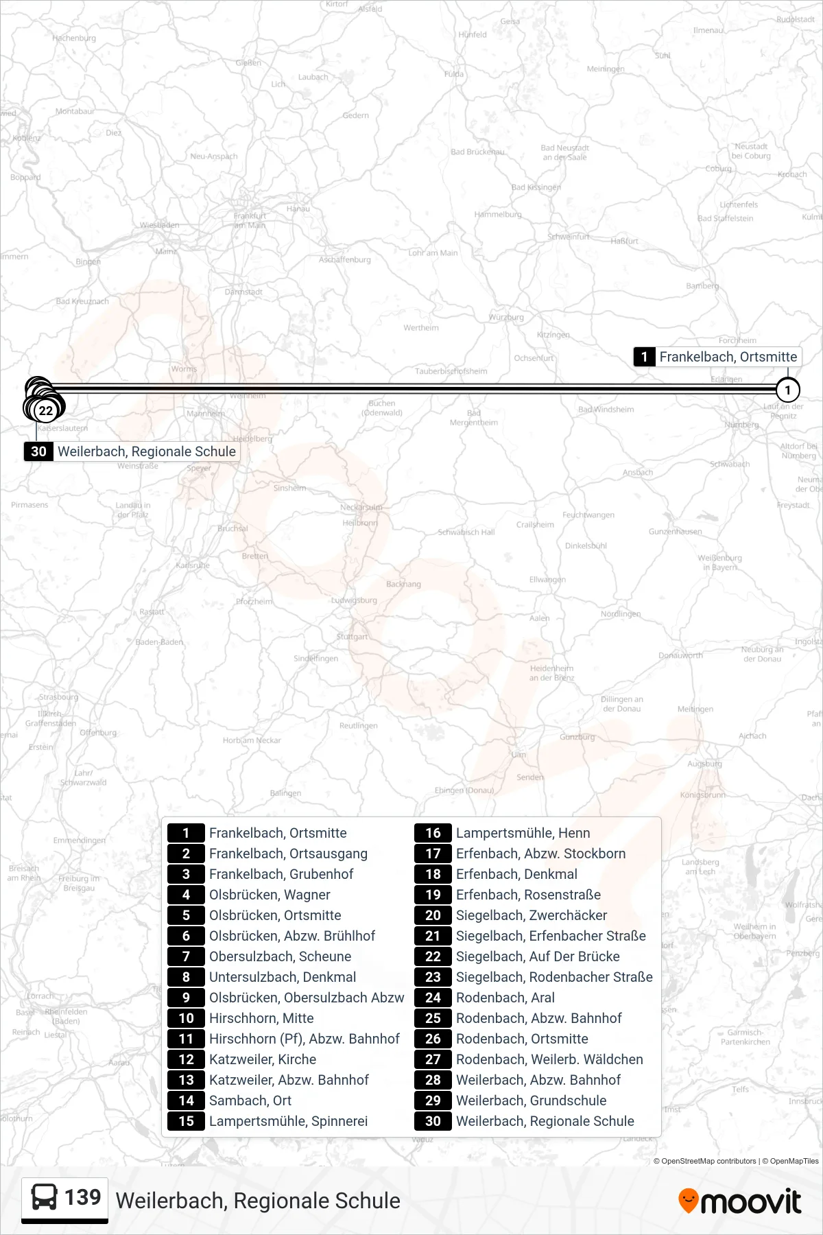 139 bus Line (Weilerbach, Regionale Schule) route and stops on a map