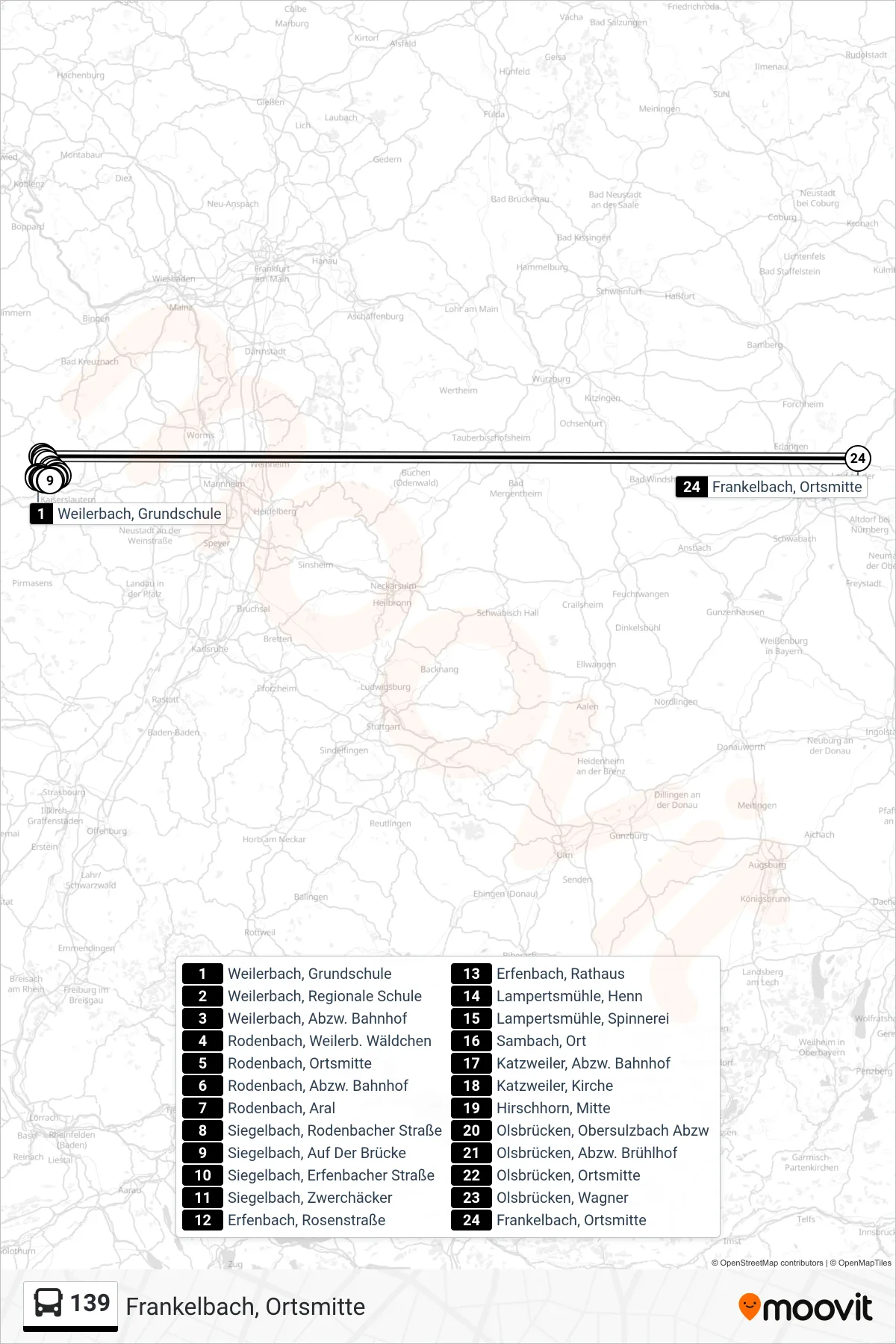 139 bus Line (Frankelbach, Ortsmitte) route and stops on a map