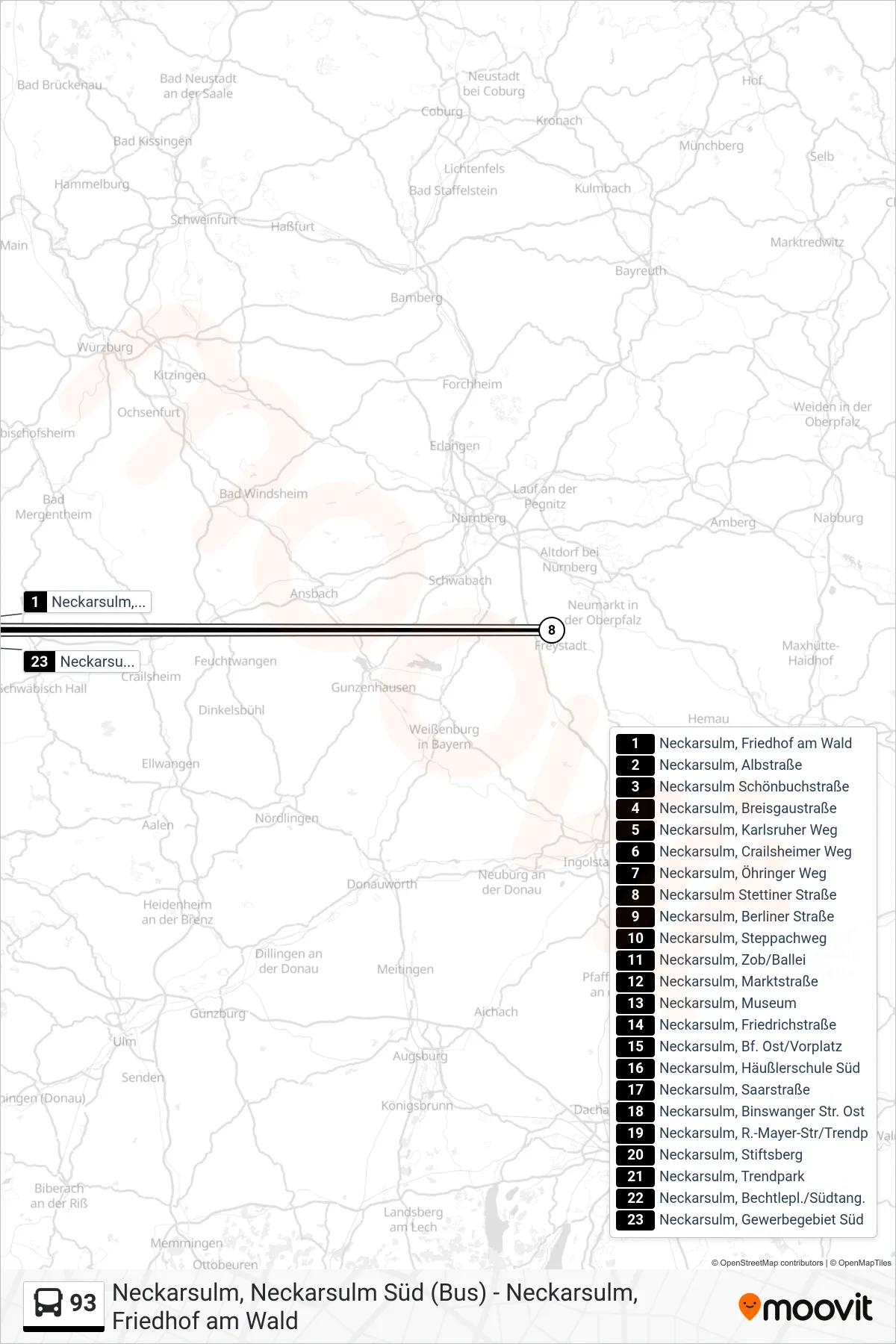 93 bus Line (Neckarsulm, Gewerbegebiet Süd) route and stops on a map