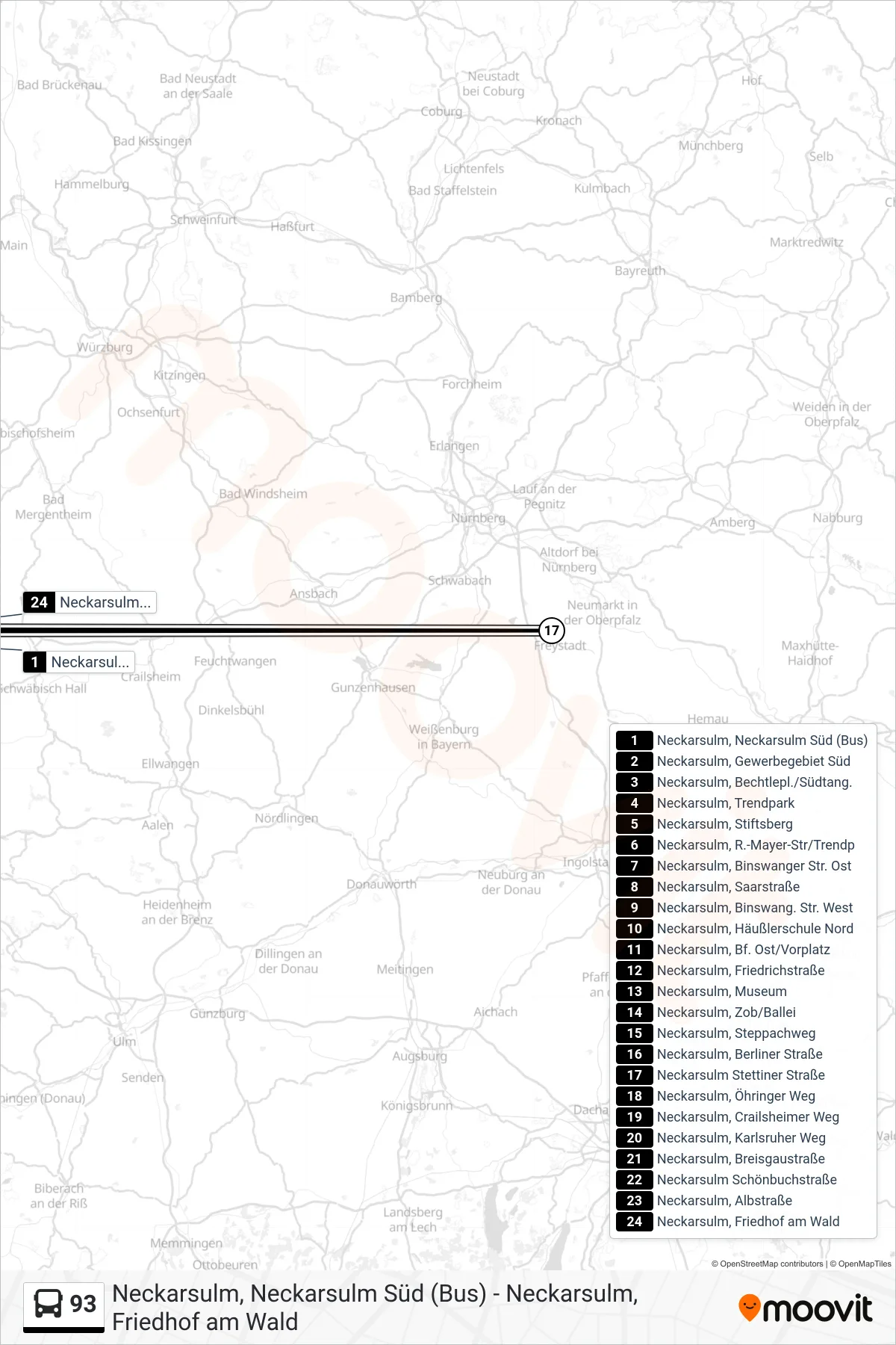 93 bus Line (Neckarsulm, Friedhof am Wald) route and stops on a map