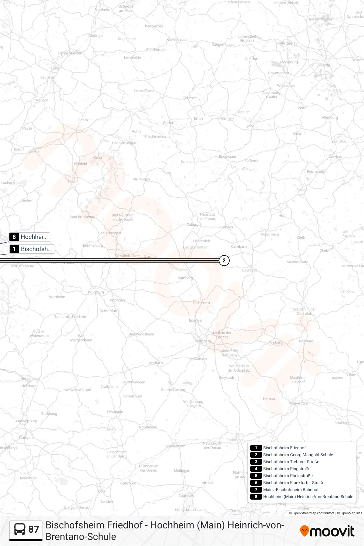 Linie 87 (Bus) Richtung Hochheim (Main) Heinrich-Von-Brentano-Schule: Route und Haltestellen auf der Karte