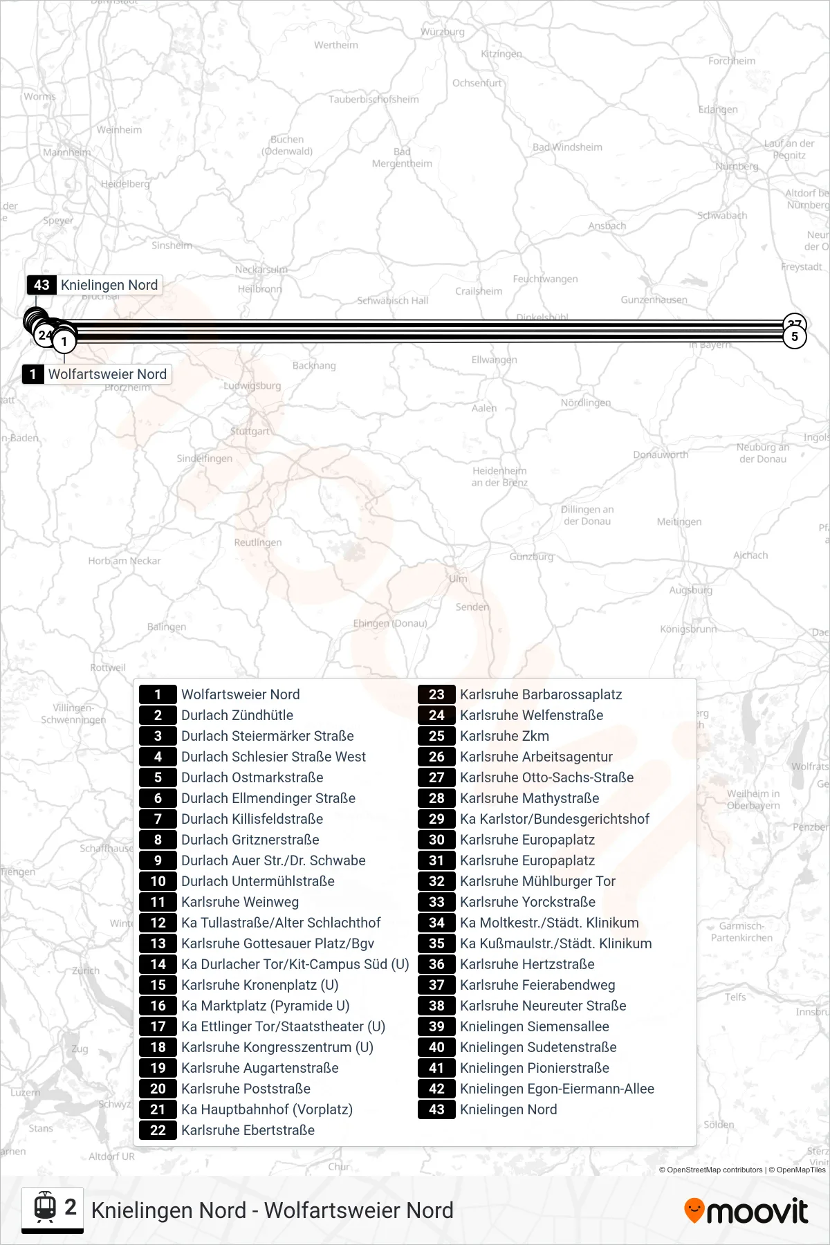 2 tram Line (Knielingen Nord) route and stops on a map