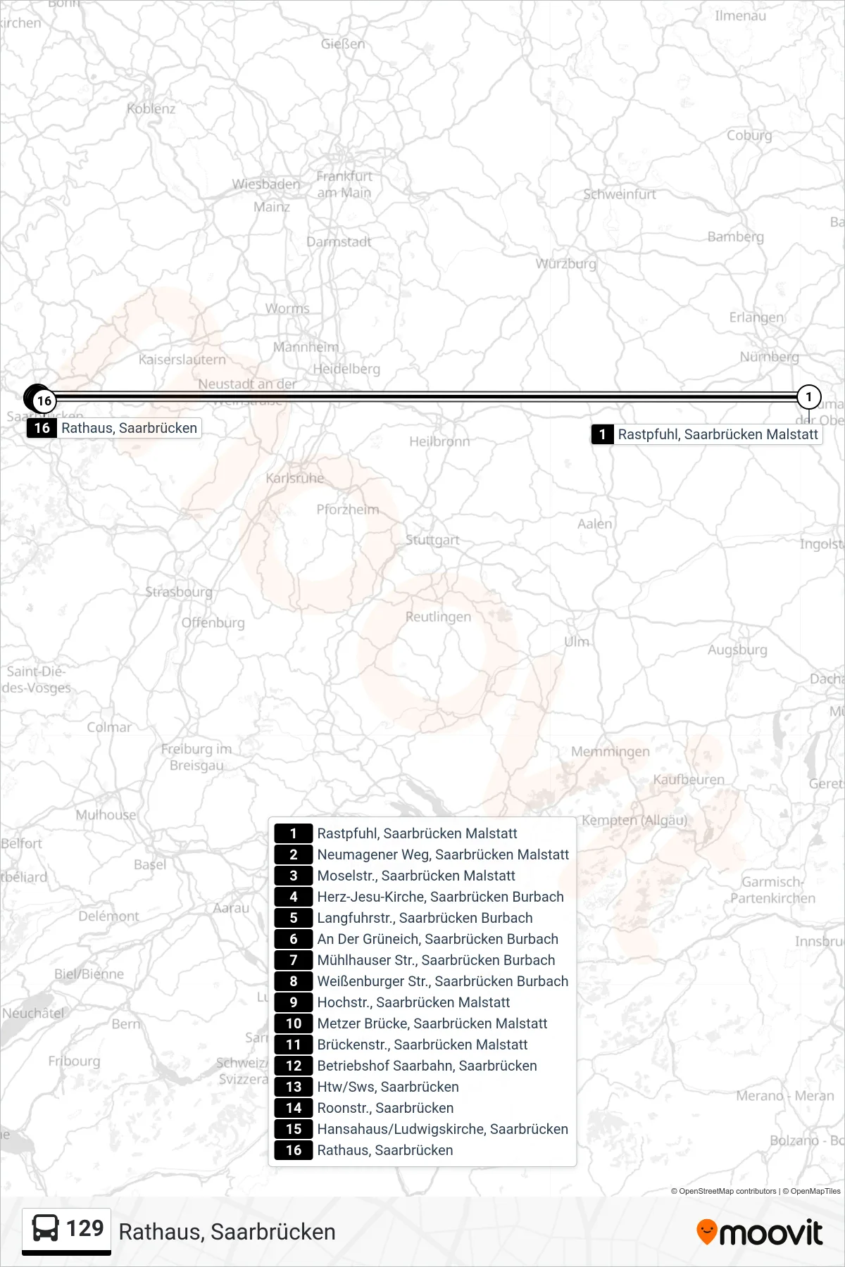 129 bus Line (Rathaus, Saarbrücken) route and stops on a map