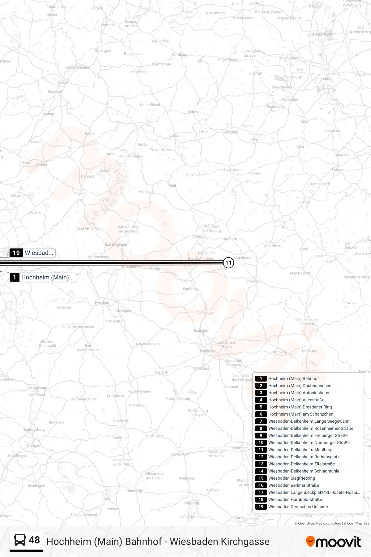 48 bus Line (Wiesbaden Dernsches Gelände) route and stops on a map