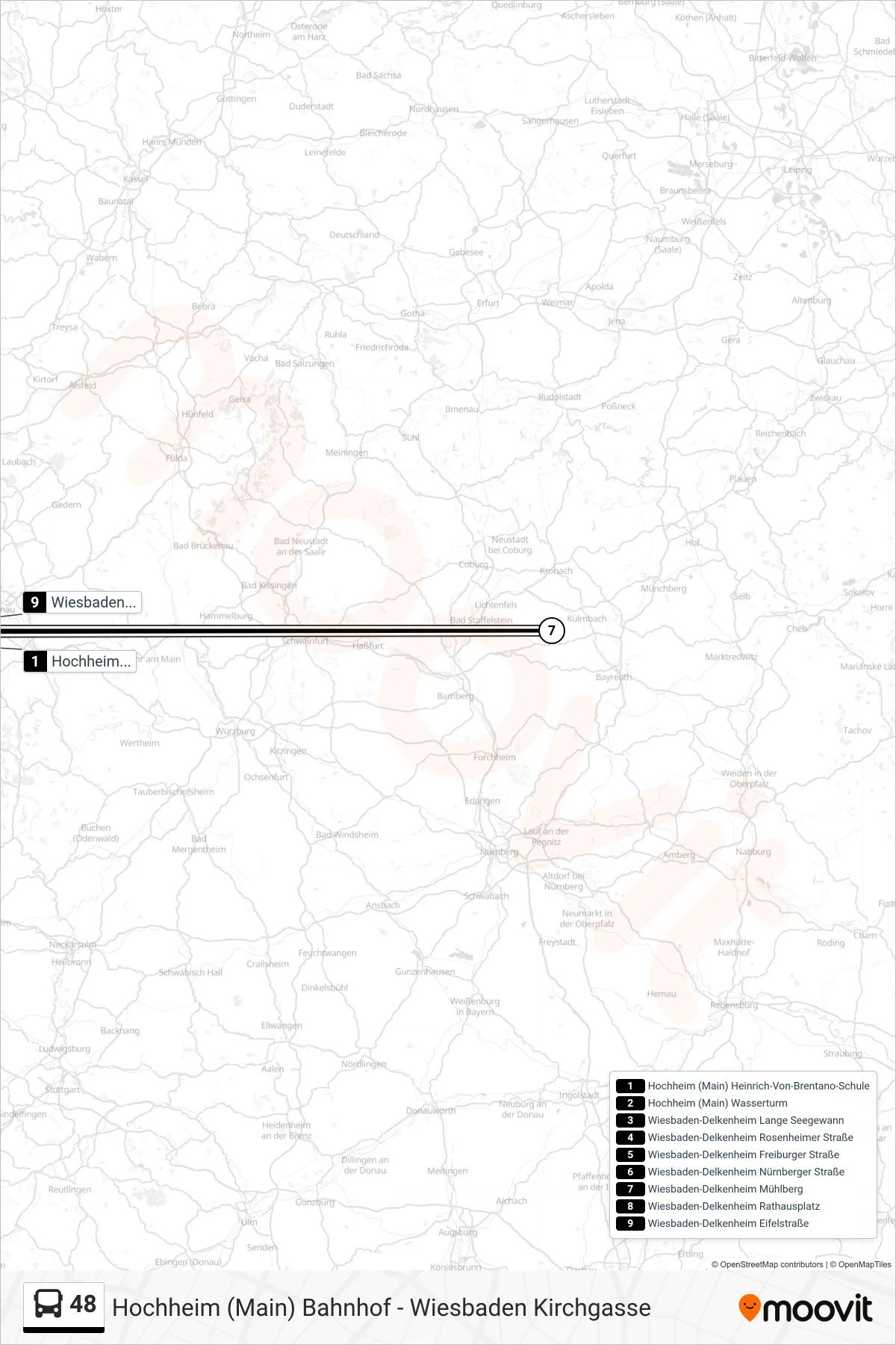 48 bus Line (Wiesbaden-Delkenheim Eifelstraße) route and stops on a map