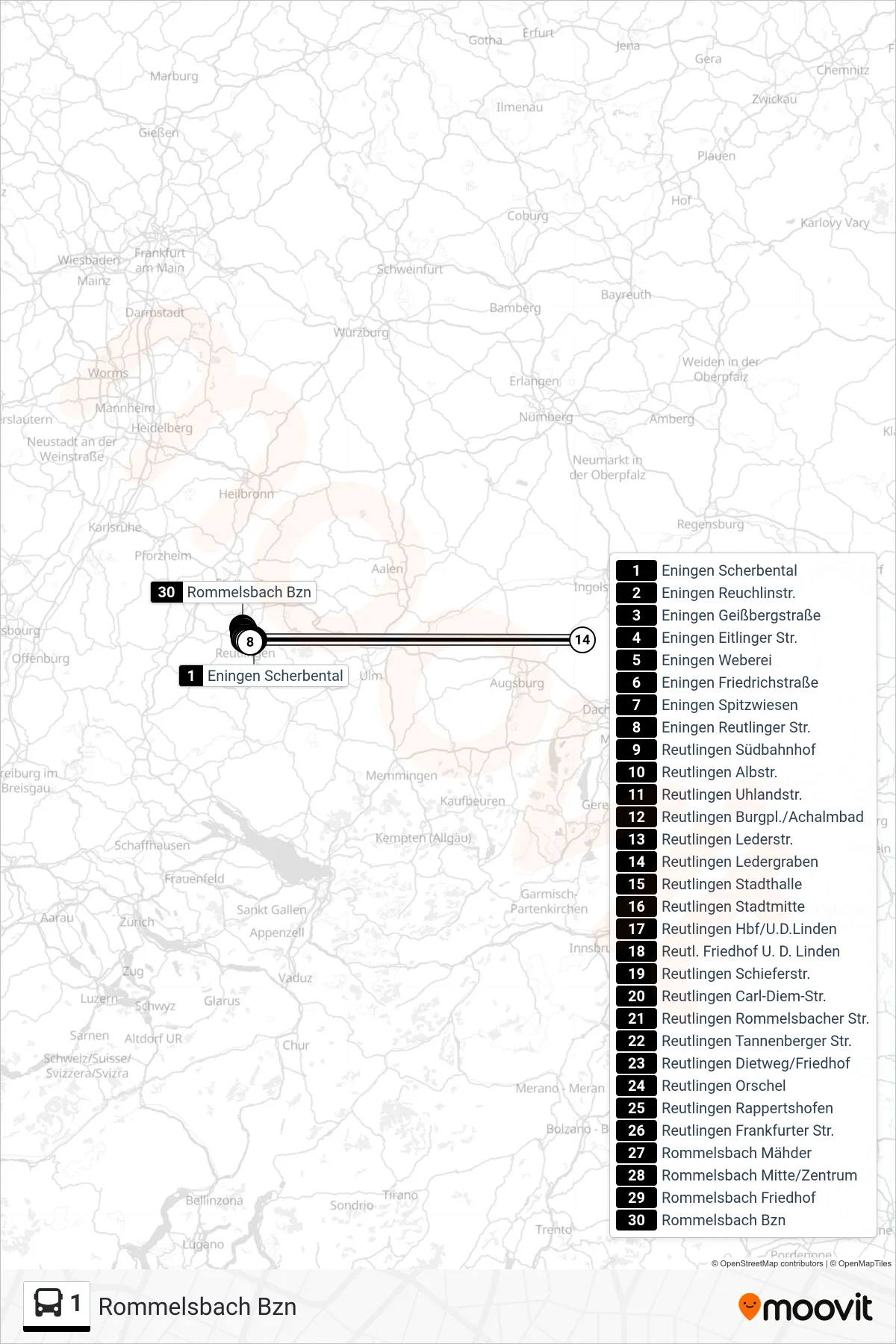 Linie 1 (Bus) Richtung Rommelsbach Bzn: Route und Haltestellen auf der Karte