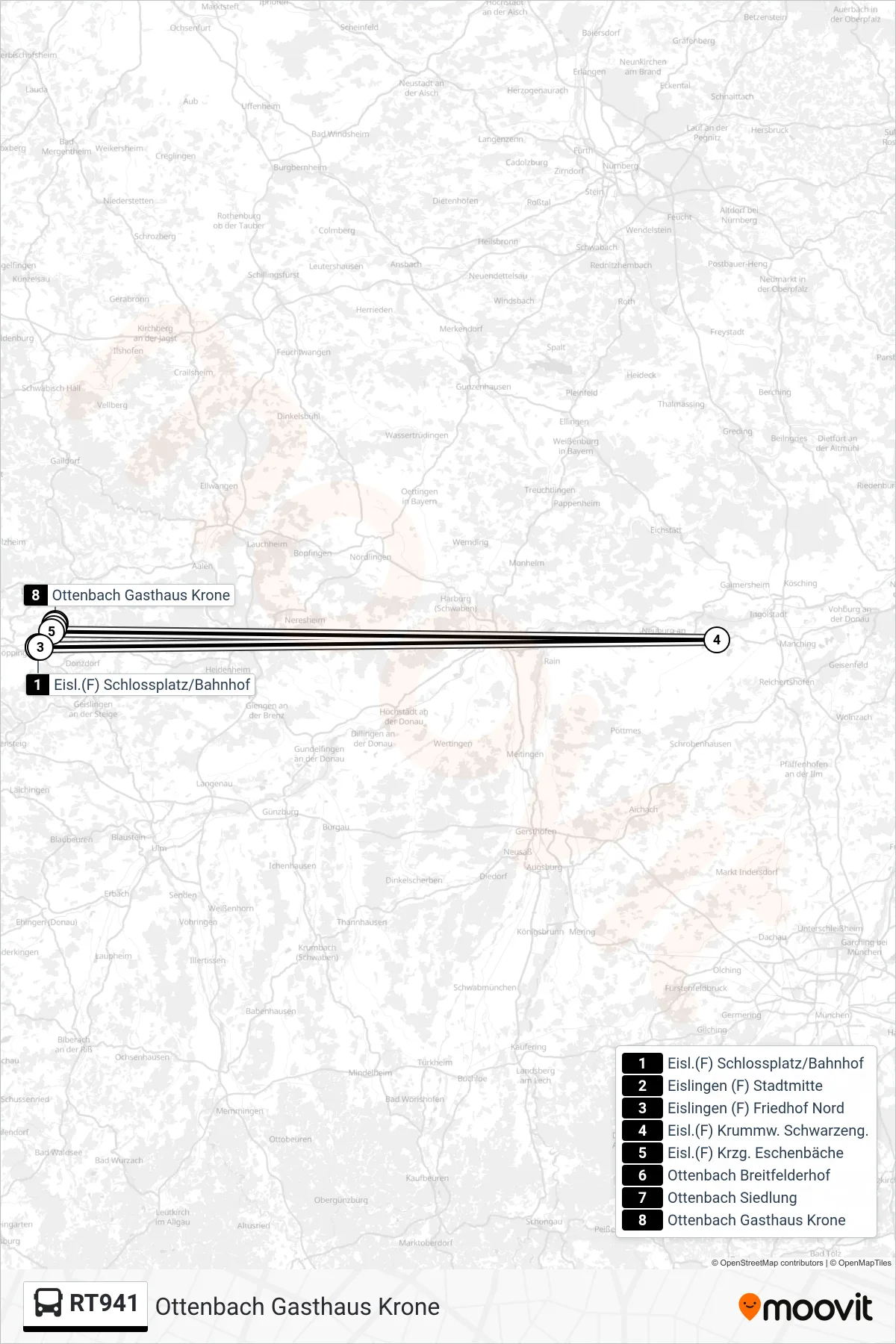 RT941 bus Line (Ottenbach Gasthaus Krone) route and stops on a map