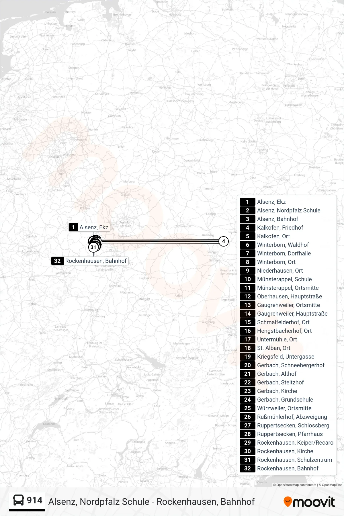 914 bus Line (Rockenhausen, Bahnhof) route and stops on a map