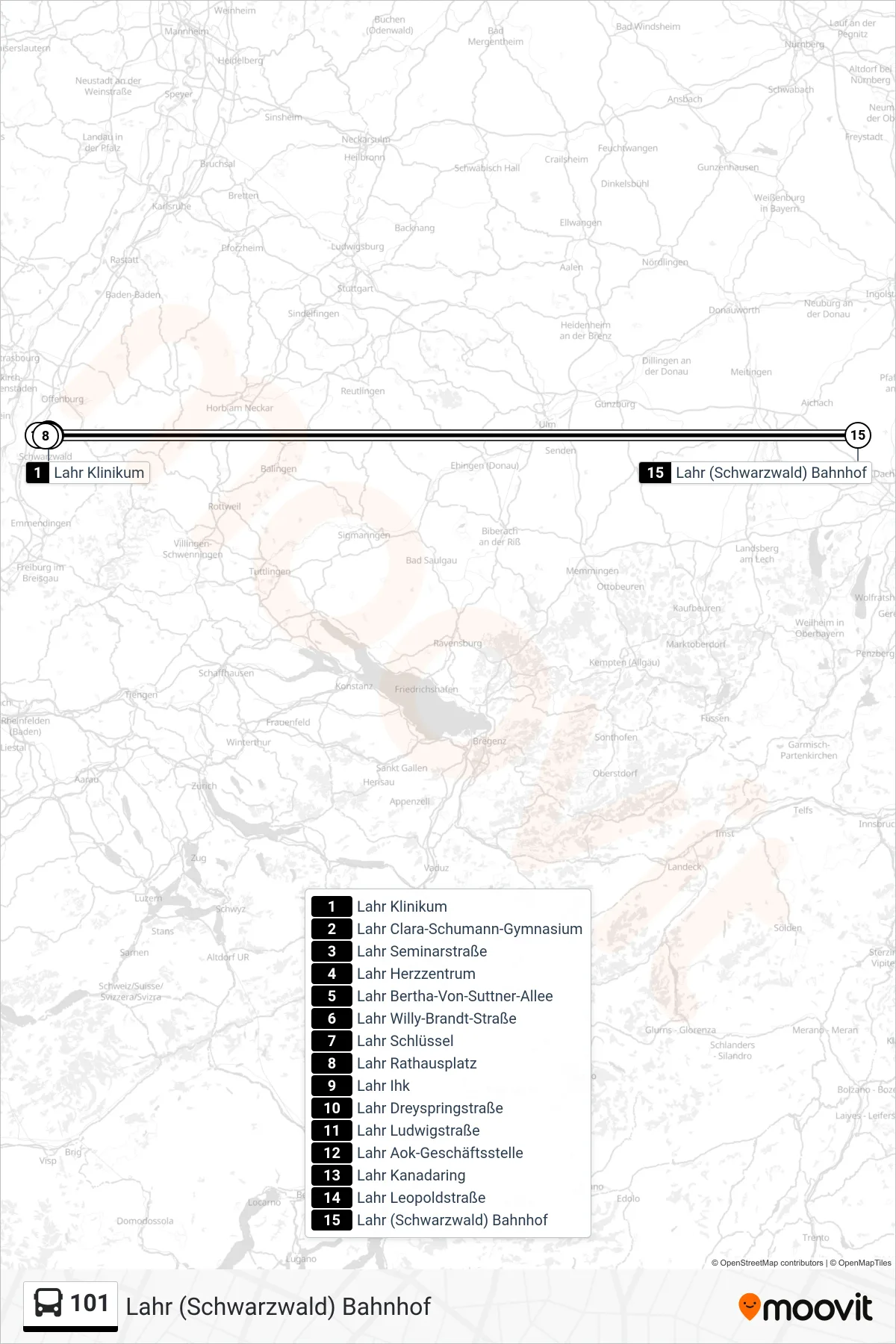 Linie 101 (Bus) Richtung Lahr (Schwarzwald) Bahnhof: Route und Haltestellen auf der Karte