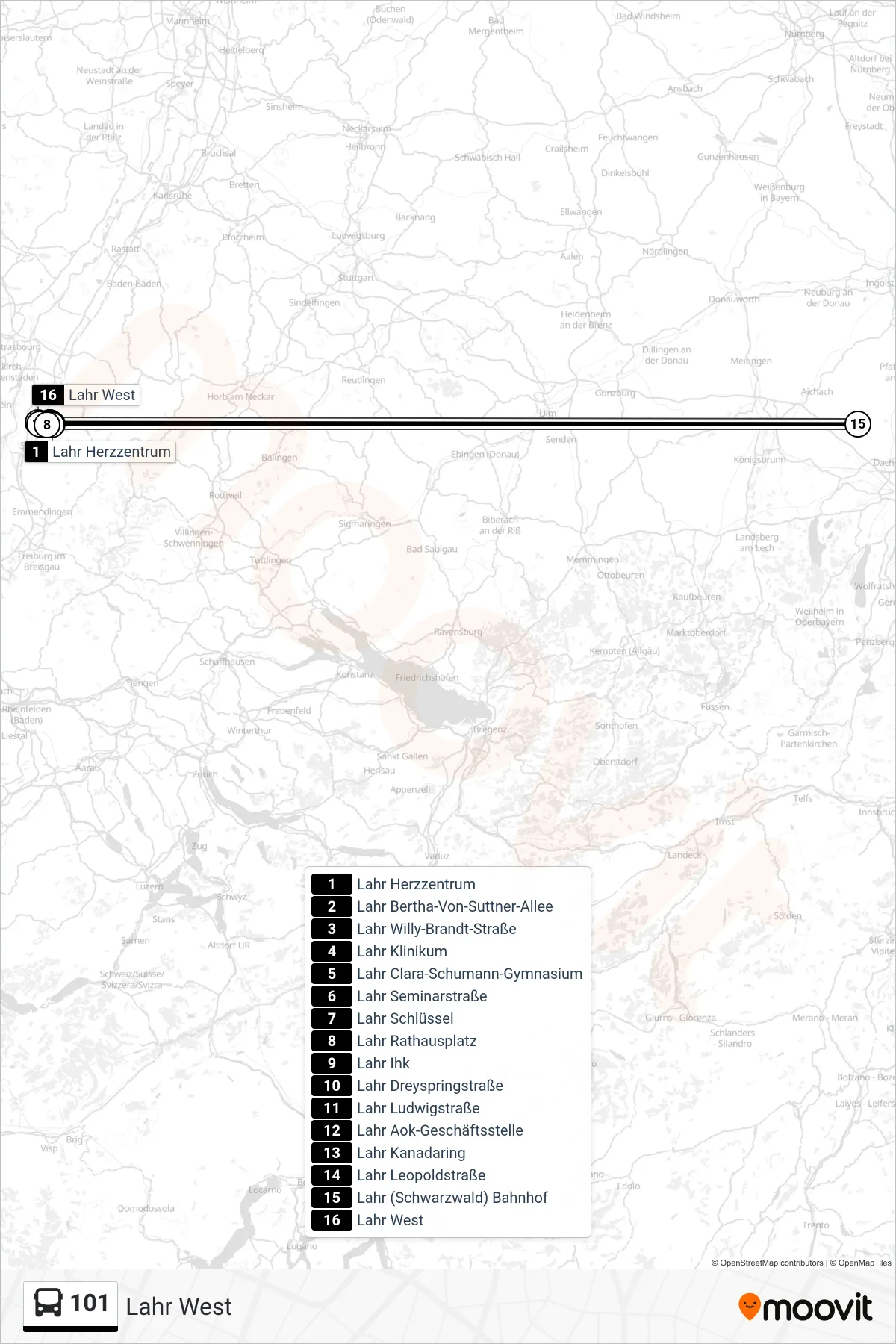 Linie 101 (Bus) Richtung Lahr West: Route und Haltestellen auf der Karte