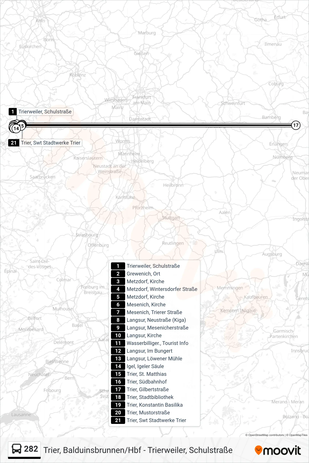 Linie 282 (Bus) Richtung Trier, Swt Stadtwerke Trier: Route und Haltestellen auf der Karte