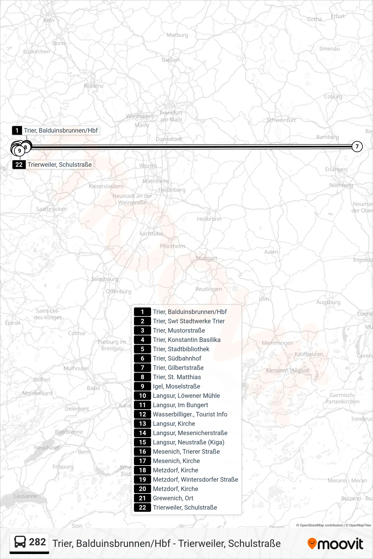 282 bus Line (Trierweiler, Schulstraße) route and stops on a map