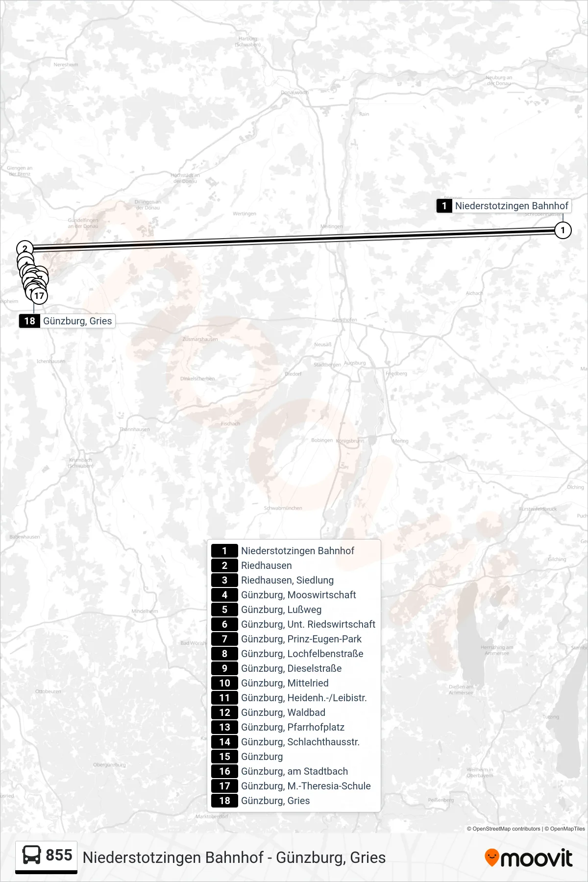 855 bus Line (Günzburg) route and stops on a map