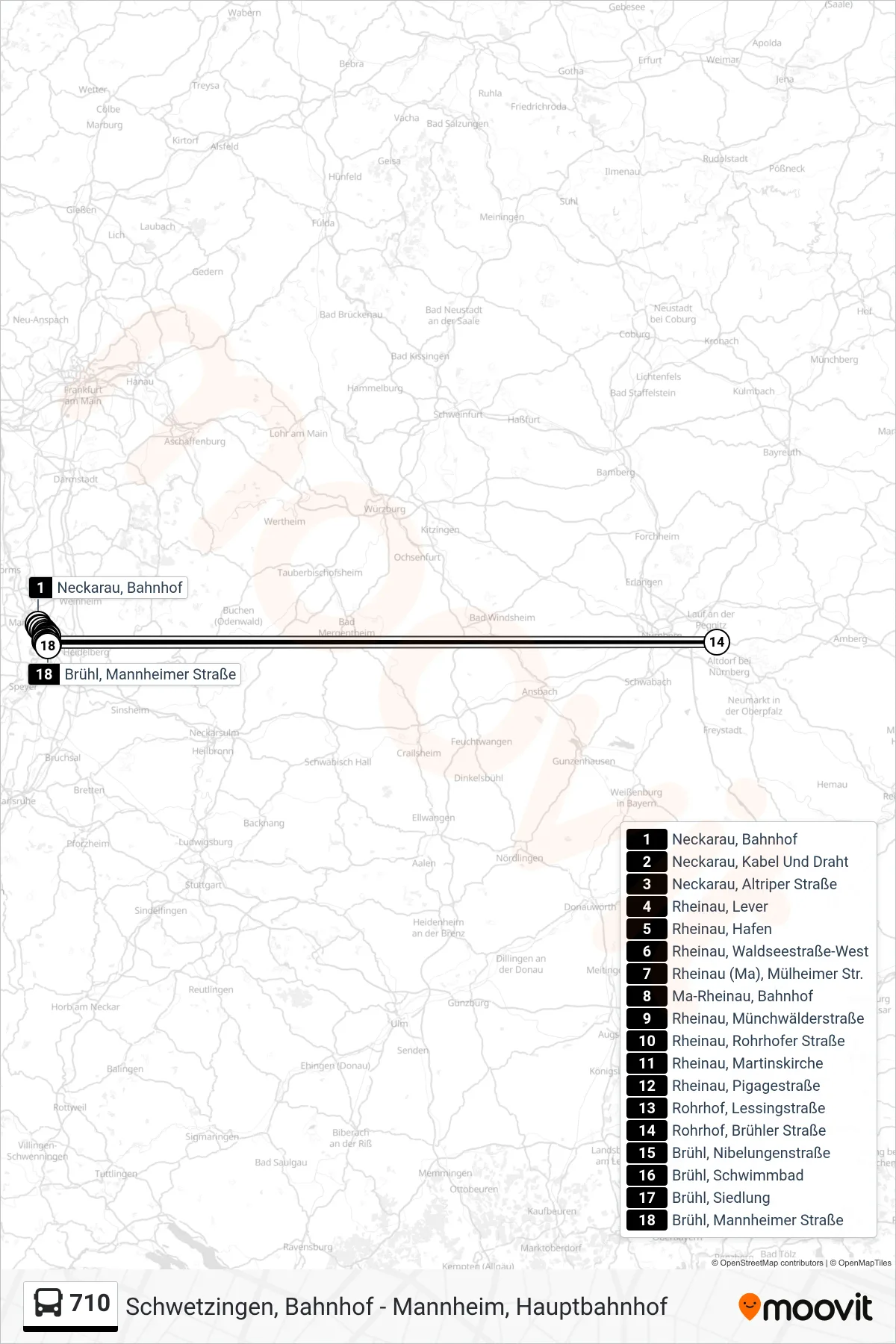 710 bus Line (Brühl, Mannheimer Straße) route and stops on a map