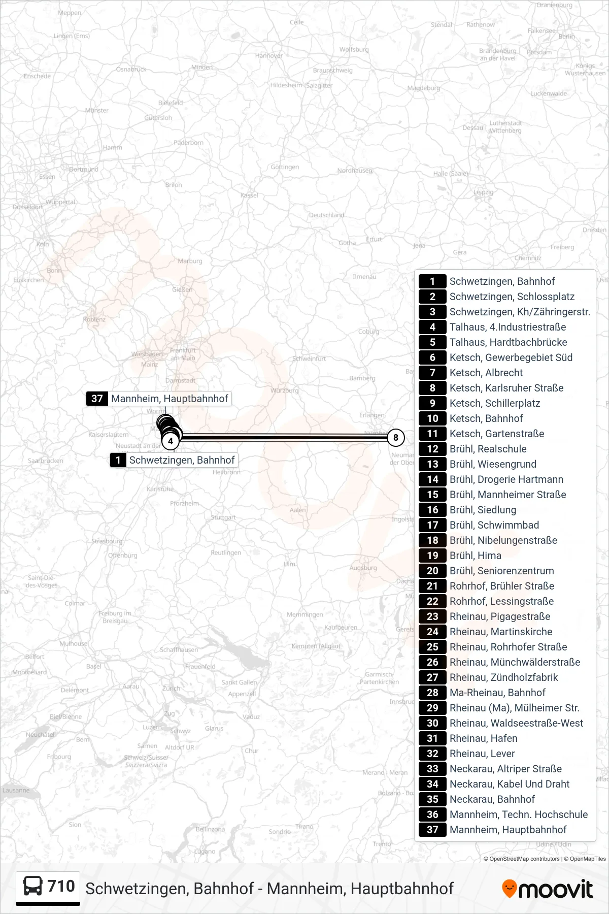 Linie 710 (Bus) Richtung Mannheim, Hauptbahnhof: Route und Haltestellen auf der Karte