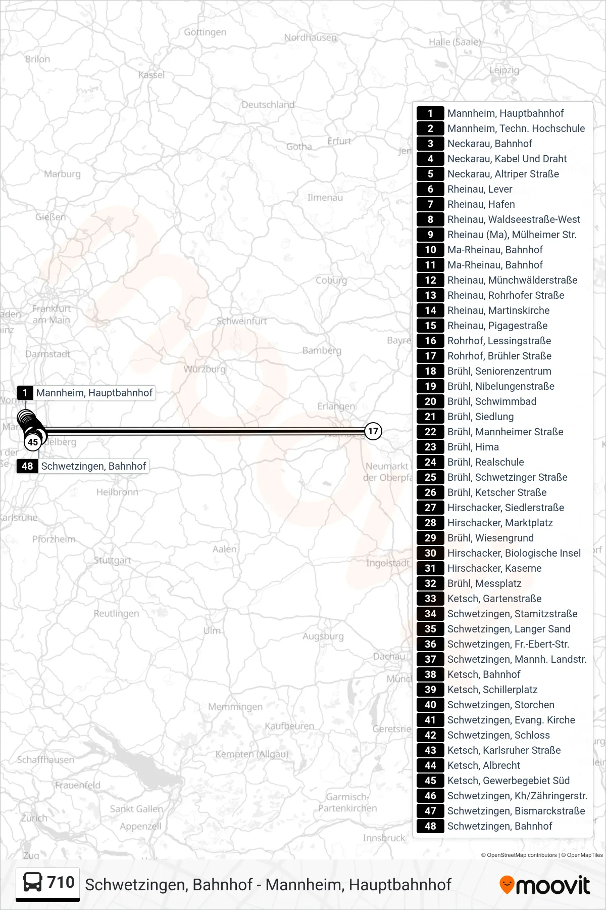 Linie 710 (Bus) Richtung Schwetzingen, Bahnhof: Route und Haltestellen auf der Karte
