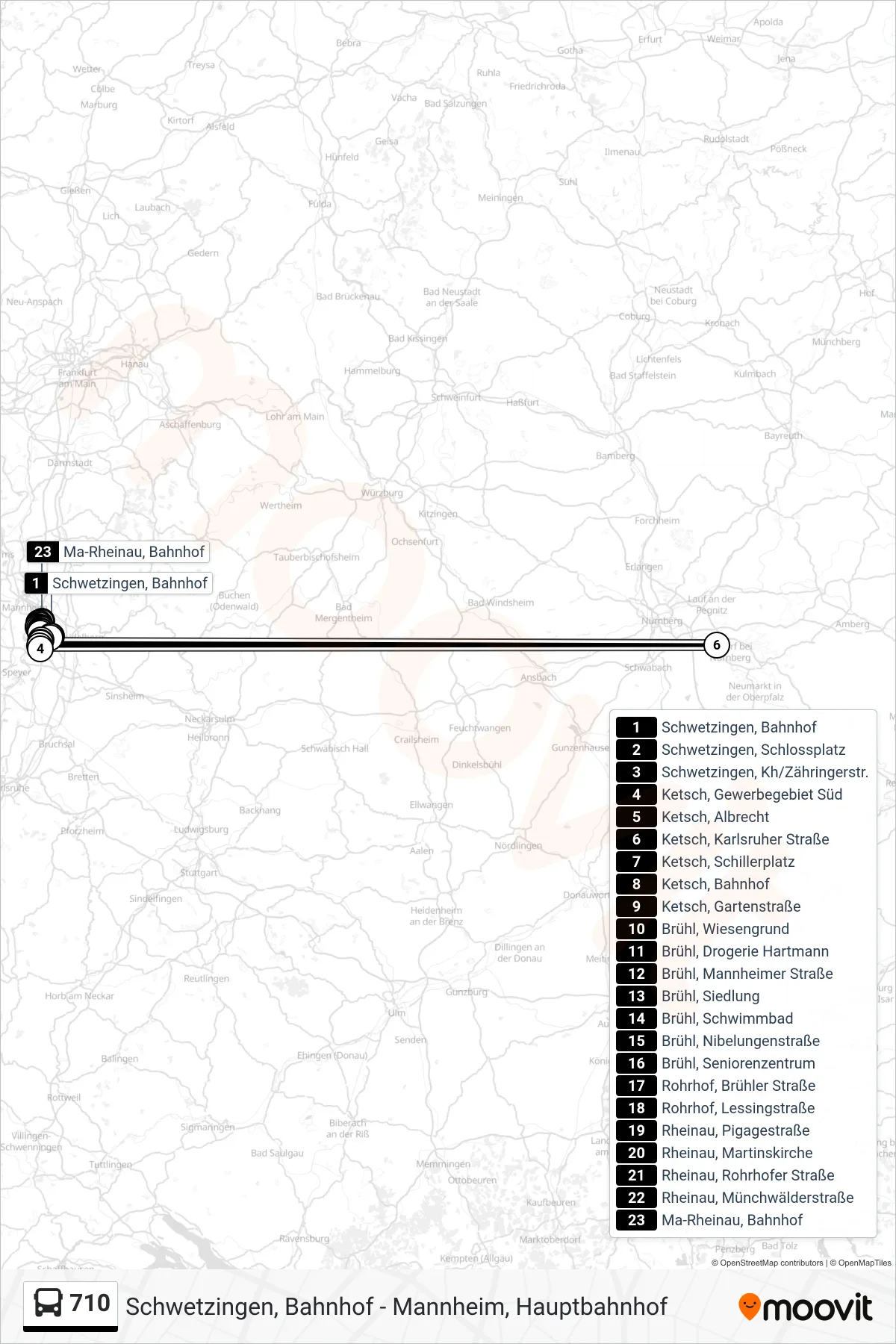 710 bus Line (Ma-Rheinau, Bahnhof) route and stops on a map