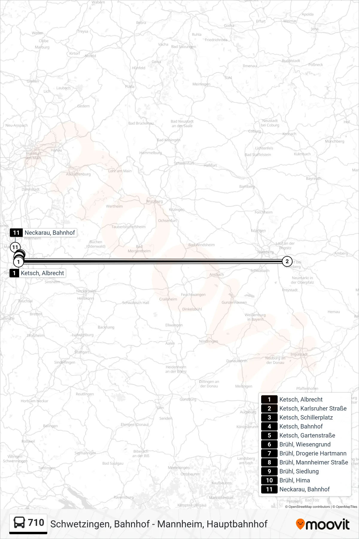 710 bus Line (Neckarau, Bahnhof) route and stops on a map