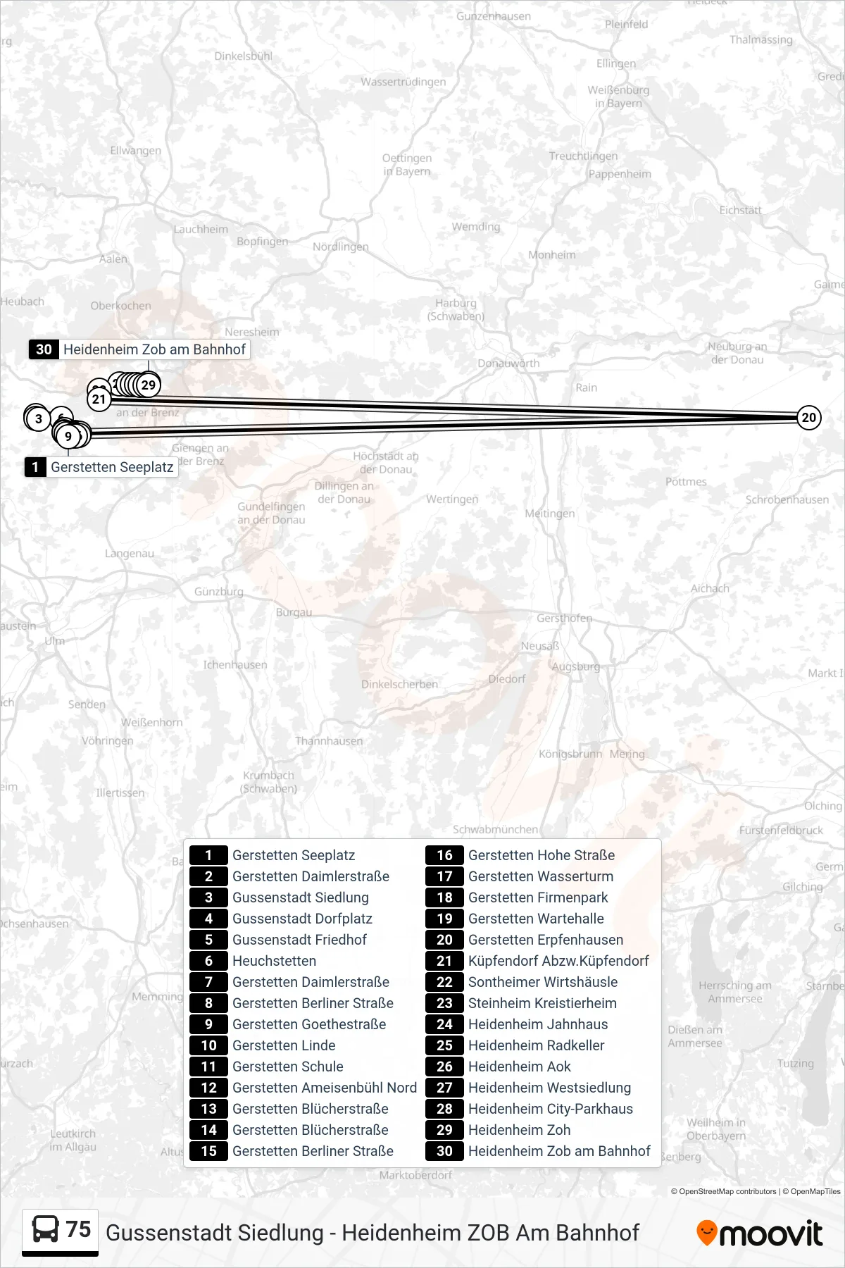 75 bus Line (Heidenheim Zob am Bahnhof) route and stops on a map