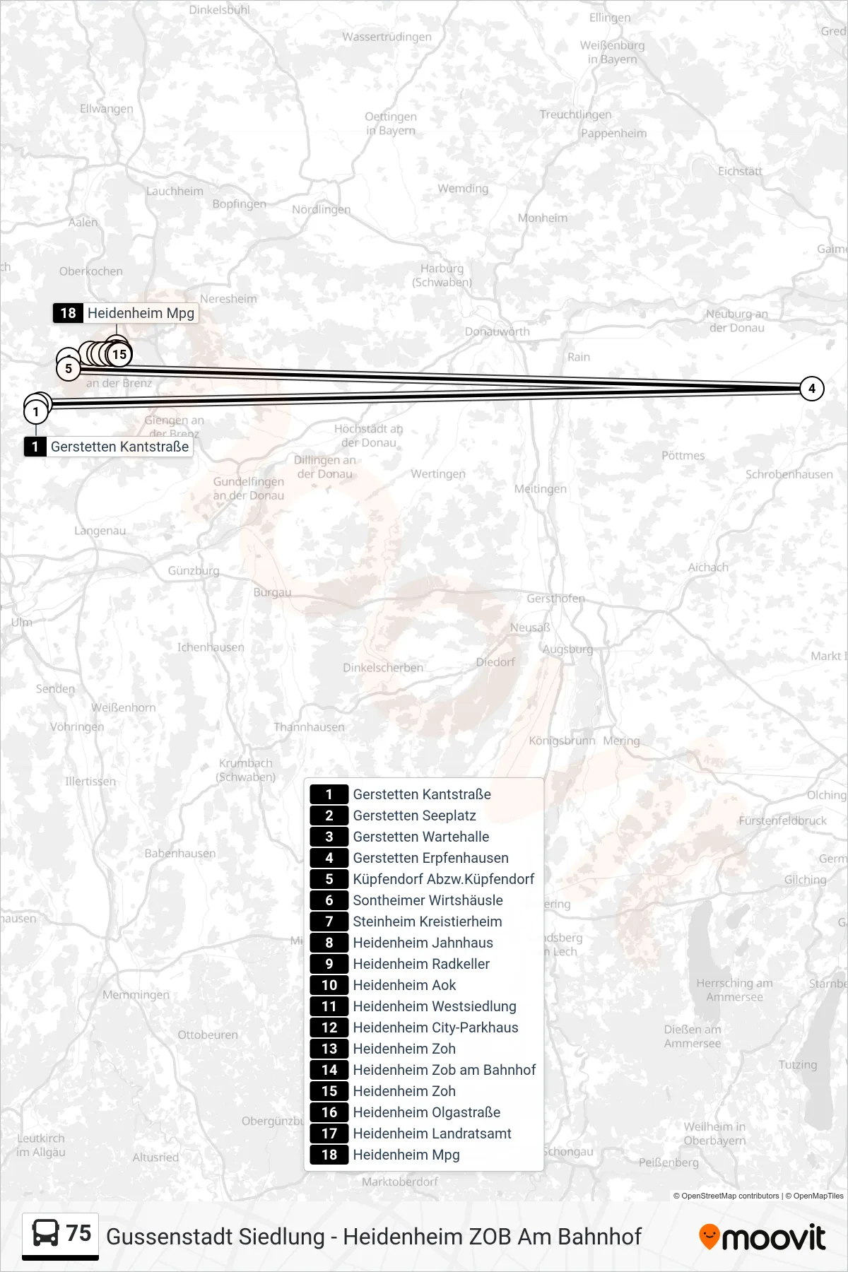 75 bus Line (Heidenheim Mpg) route and stops on a map