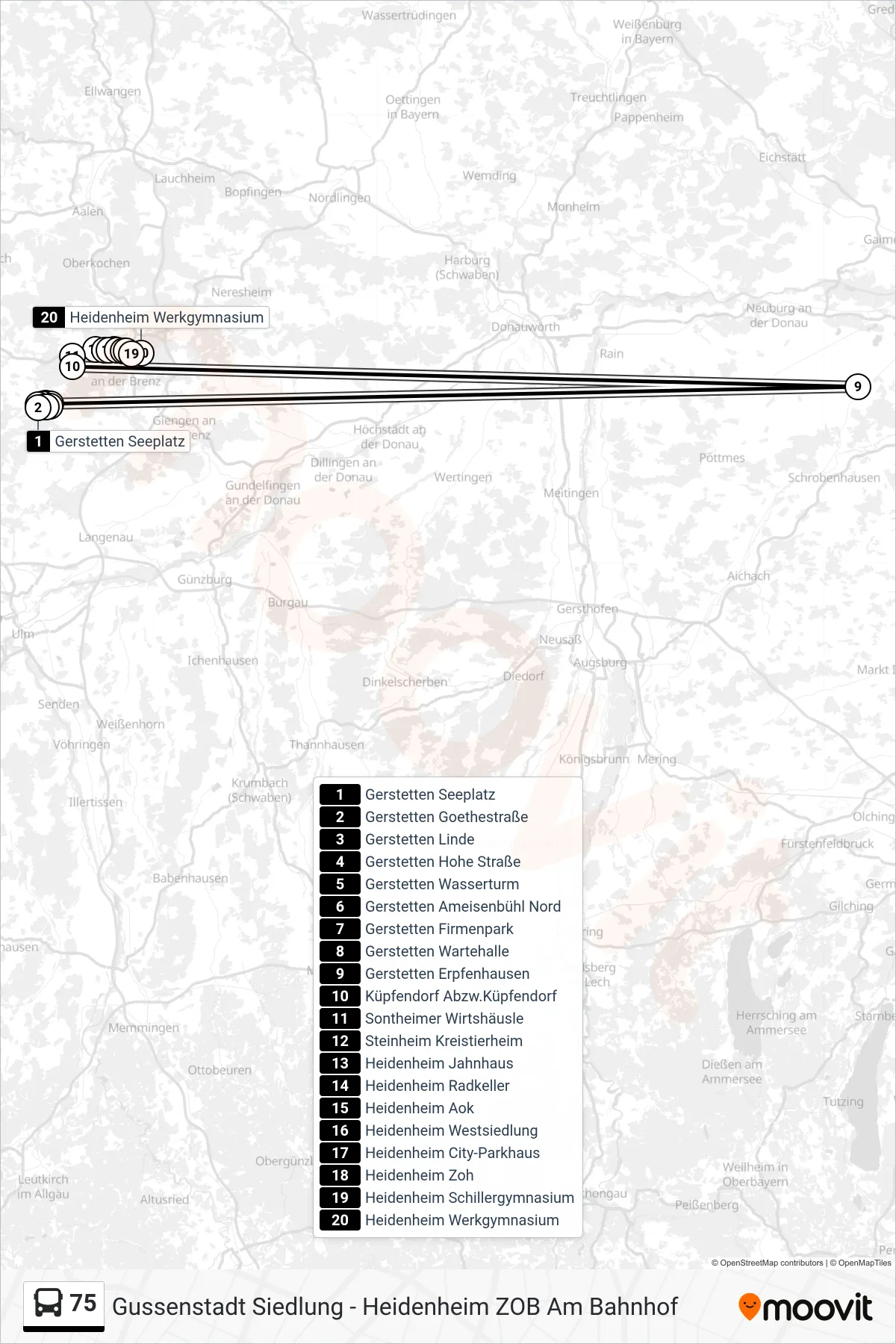 75 bus Line (Heidenheim Werkgymnasium) route and stops on a map