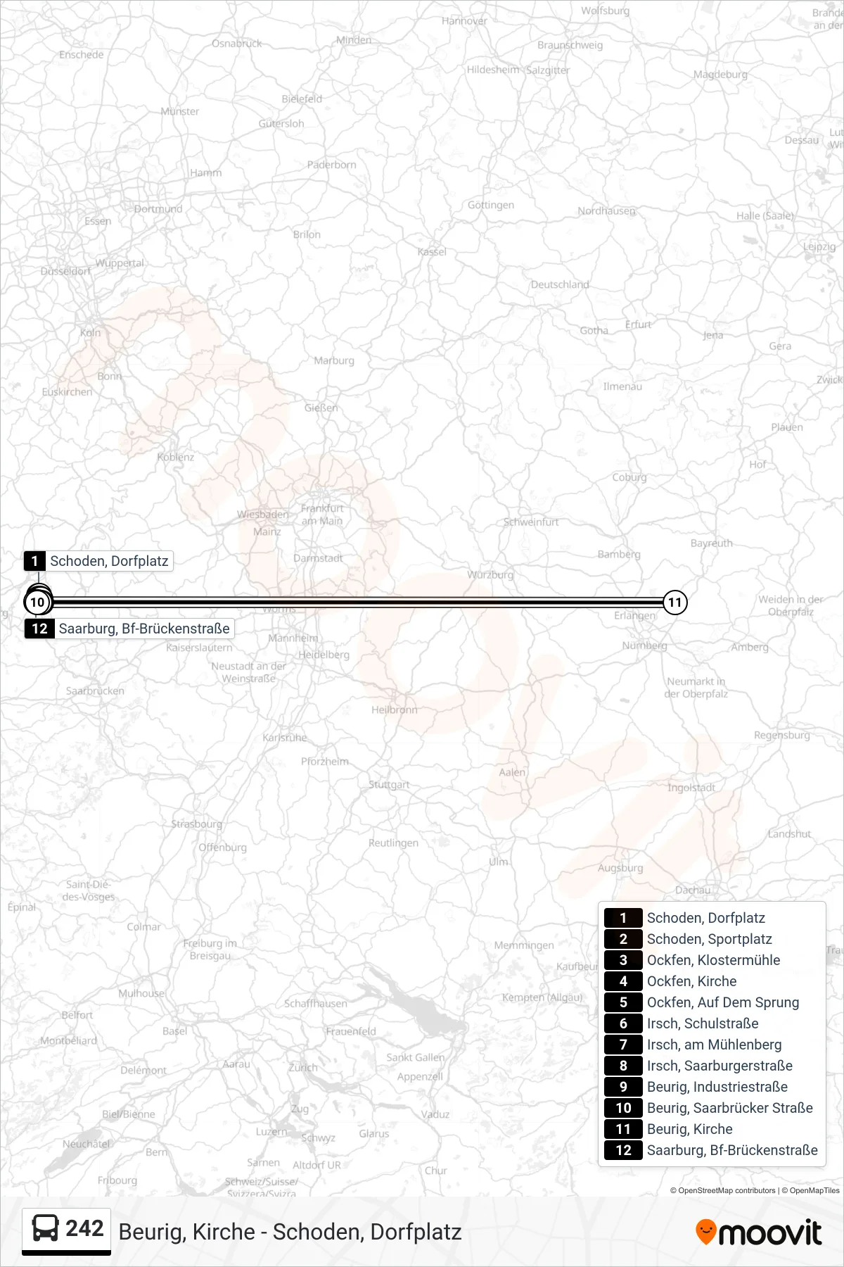 242 bus Line (Saarburg, Bf-Brückenstraße) route and stops on a map