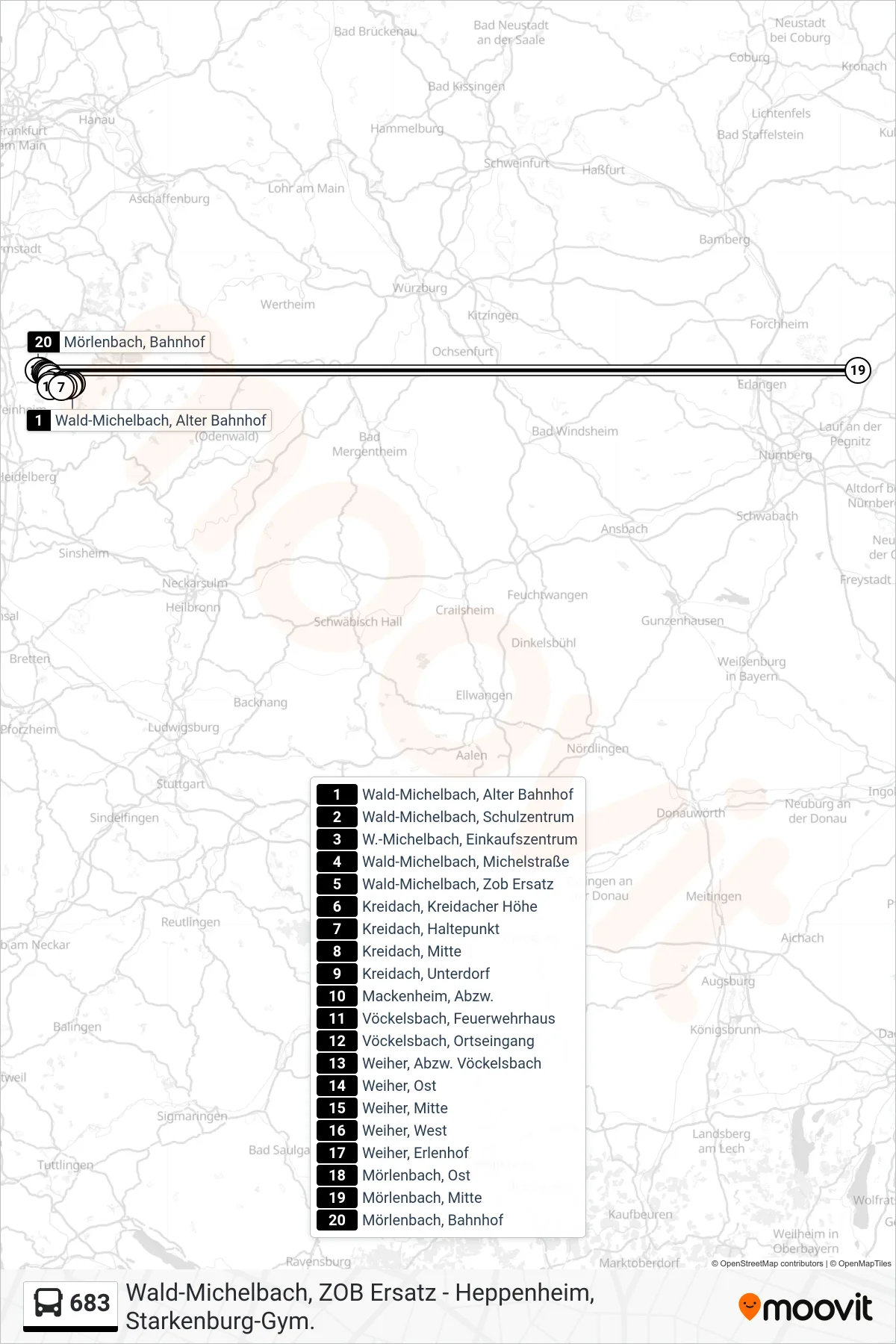 683 bus Line (Mörlenbach, Bahnhof) route and stops on a map