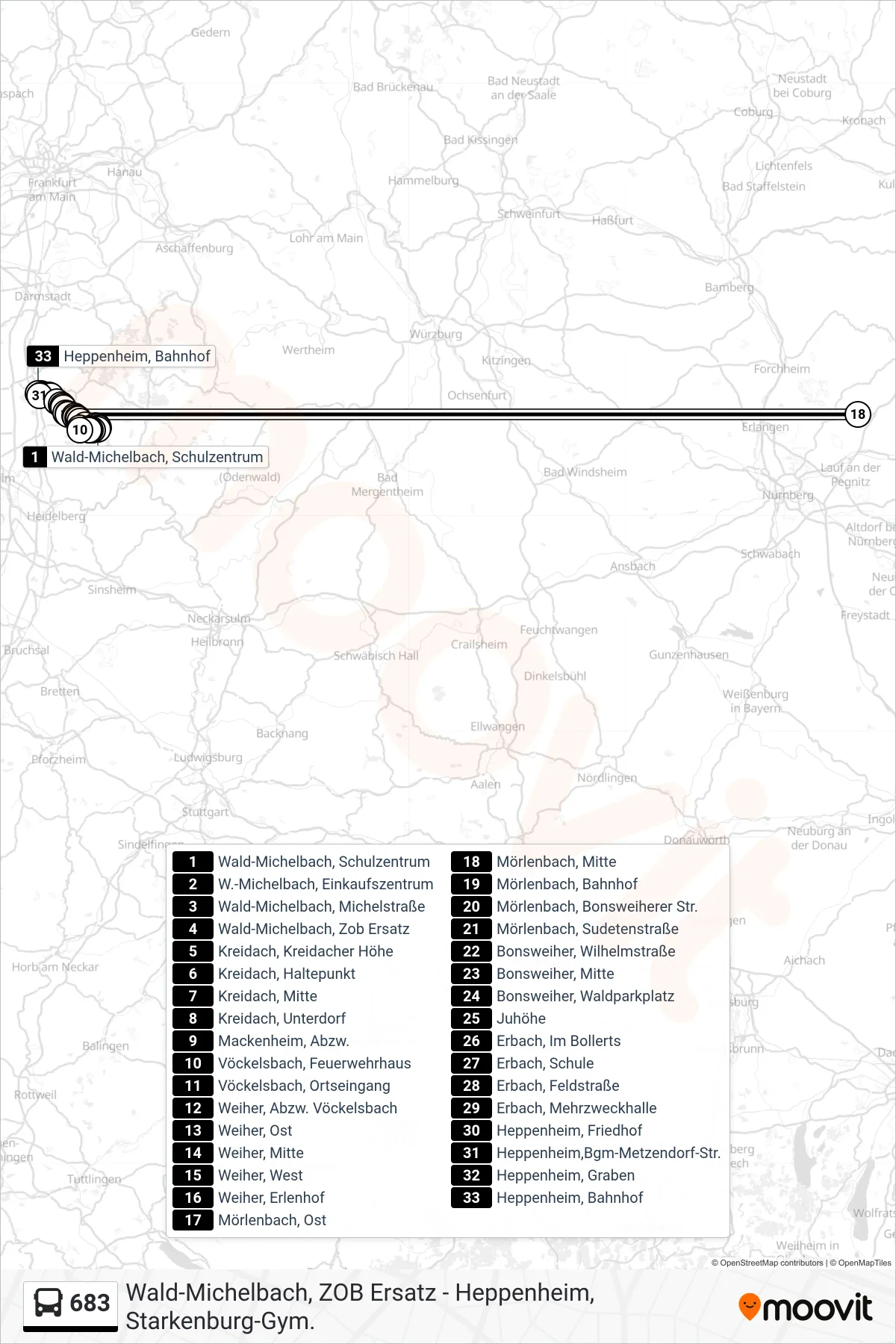 683 bus Line (Heppenheim, Bahnhof) route and stops on a map