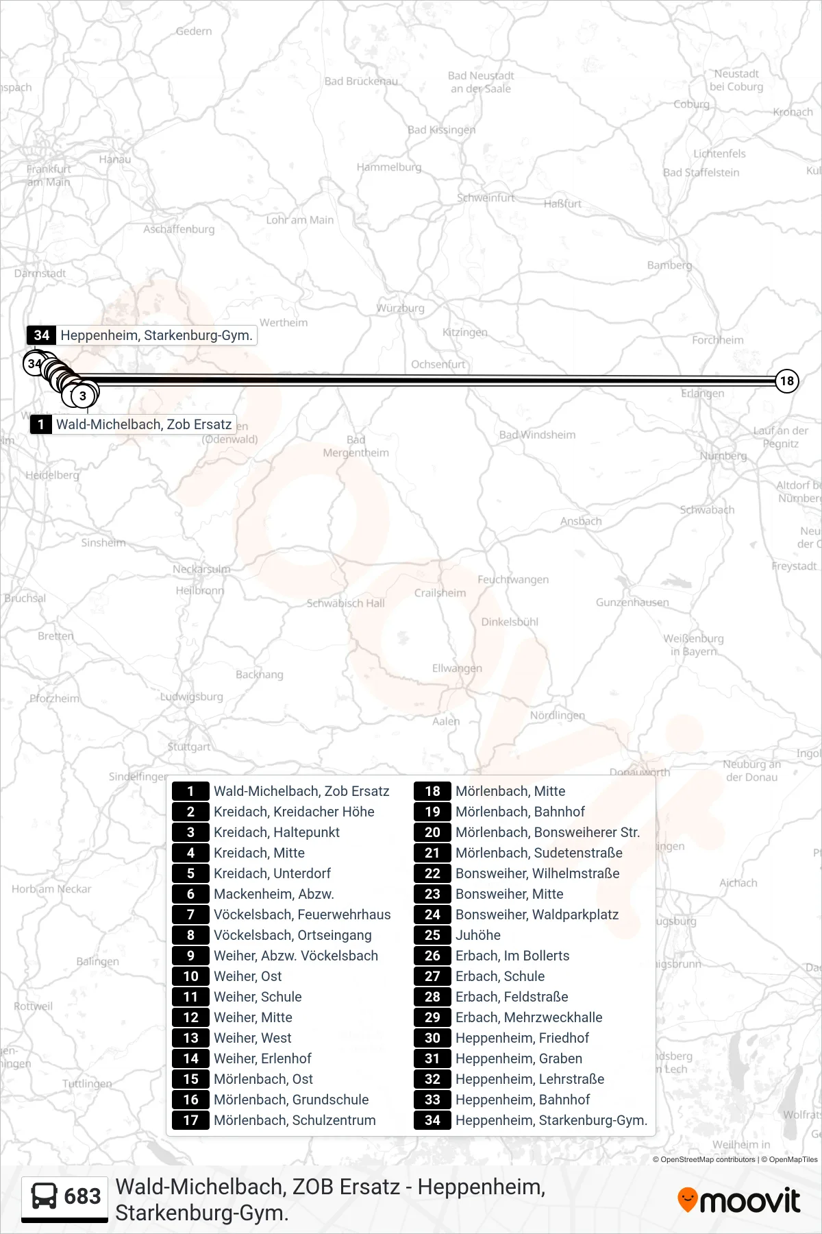 683 bus Line (Heppenheim, Starkenburg-Gym.) route and stops on a map