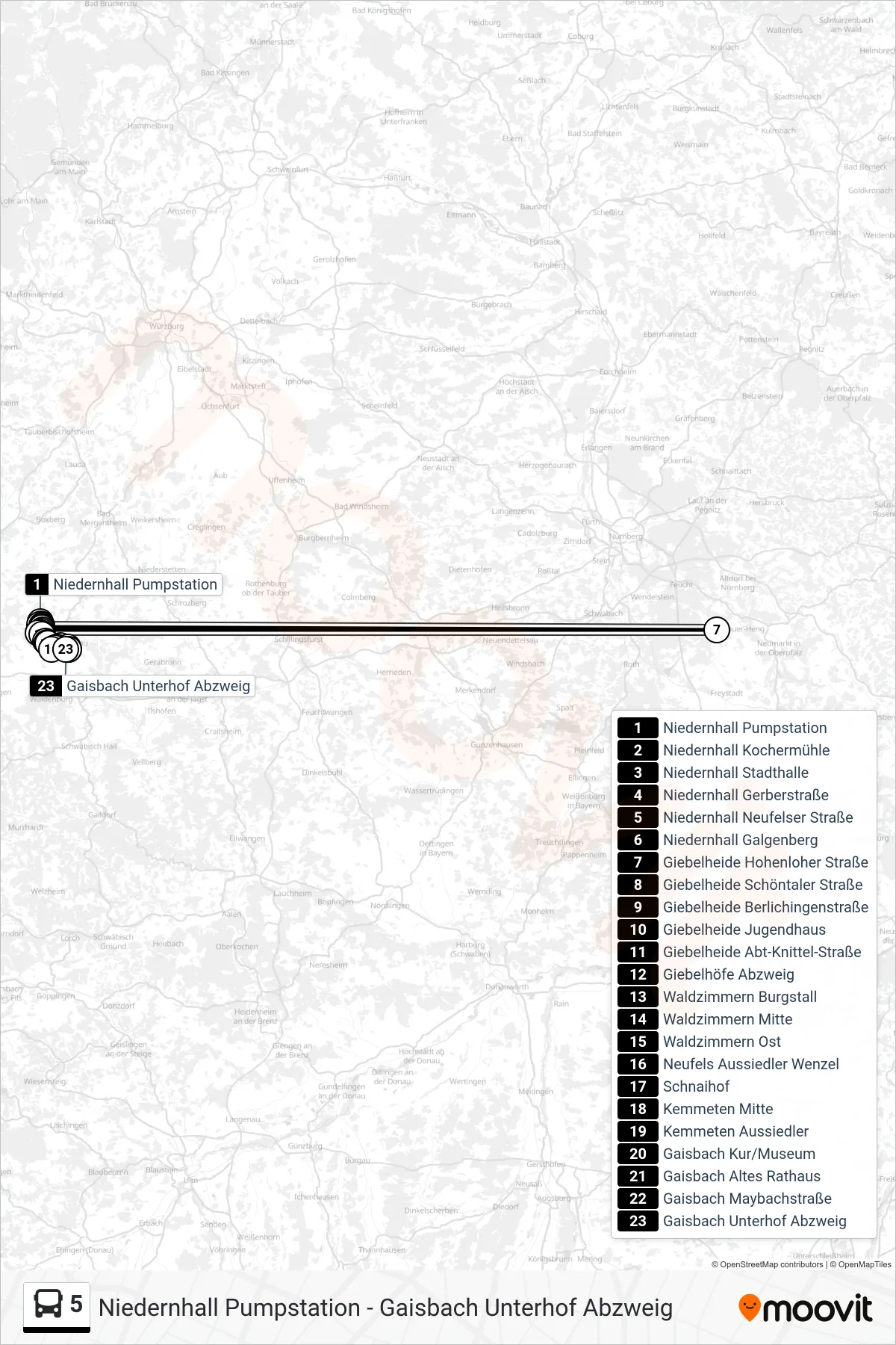 5 bus Line (Gaisbach Unterhof Abzweig) route and stops on a map