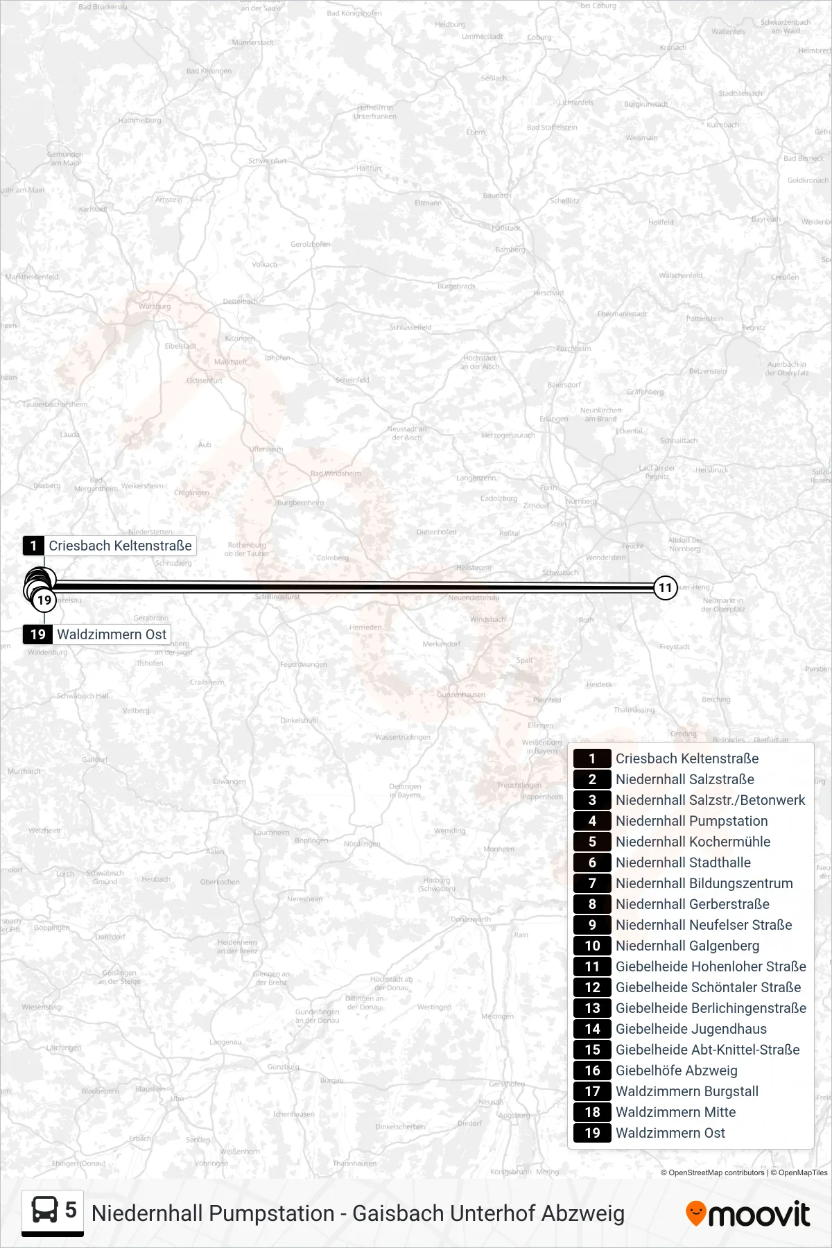5 bus Line (Waldzimmern Ost) route and stops on a map