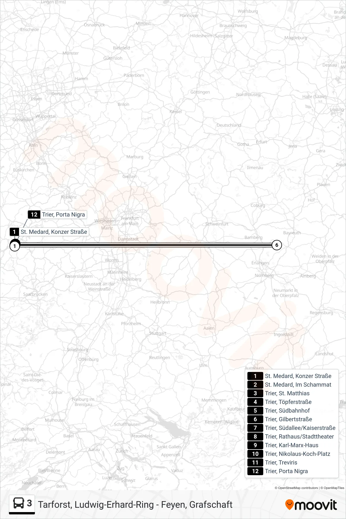 Linie 3 (Bus) Richtung Trier, Porta Nigra: Route und Haltestellen auf der Karte
