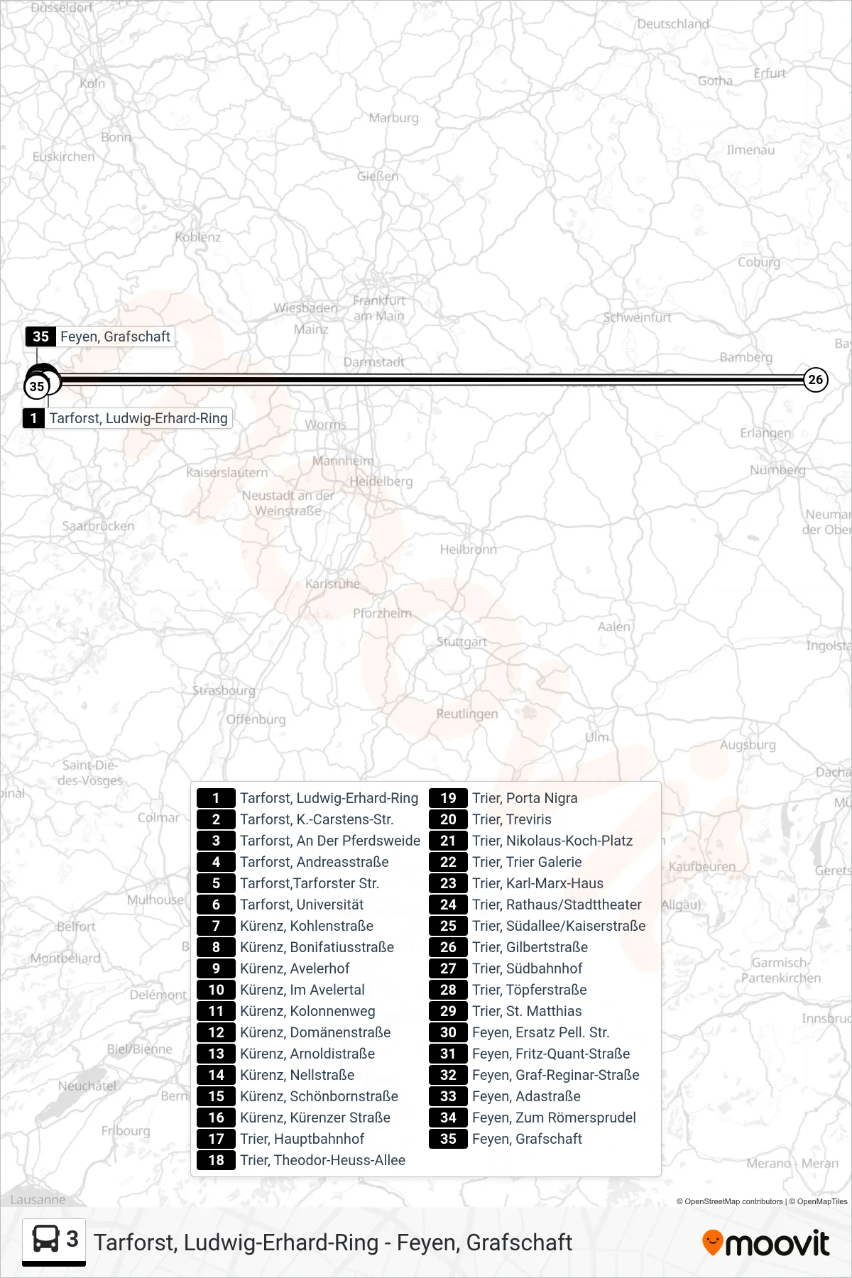 3 bus Line (Feyen, Grafschaft) route and stops on a map