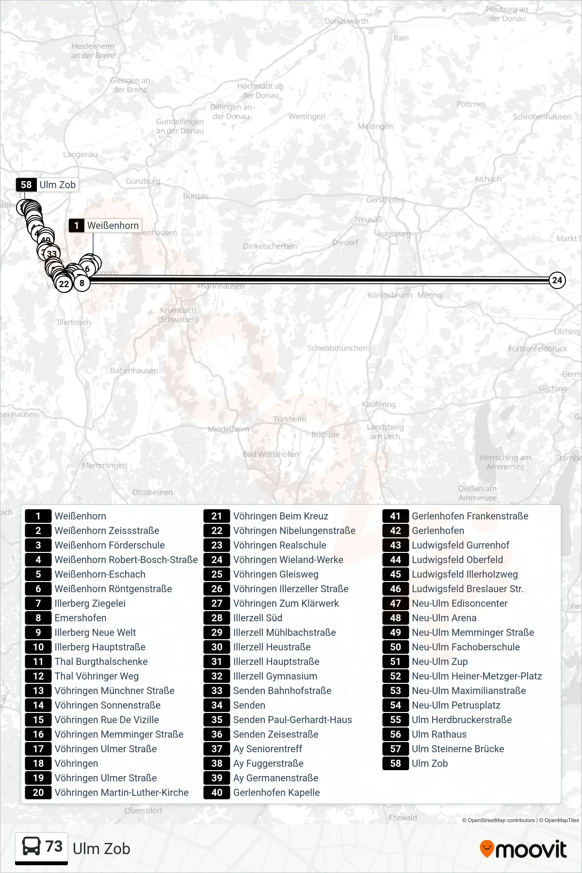 73 bus Line (Ulm Zob) route and stops on a map