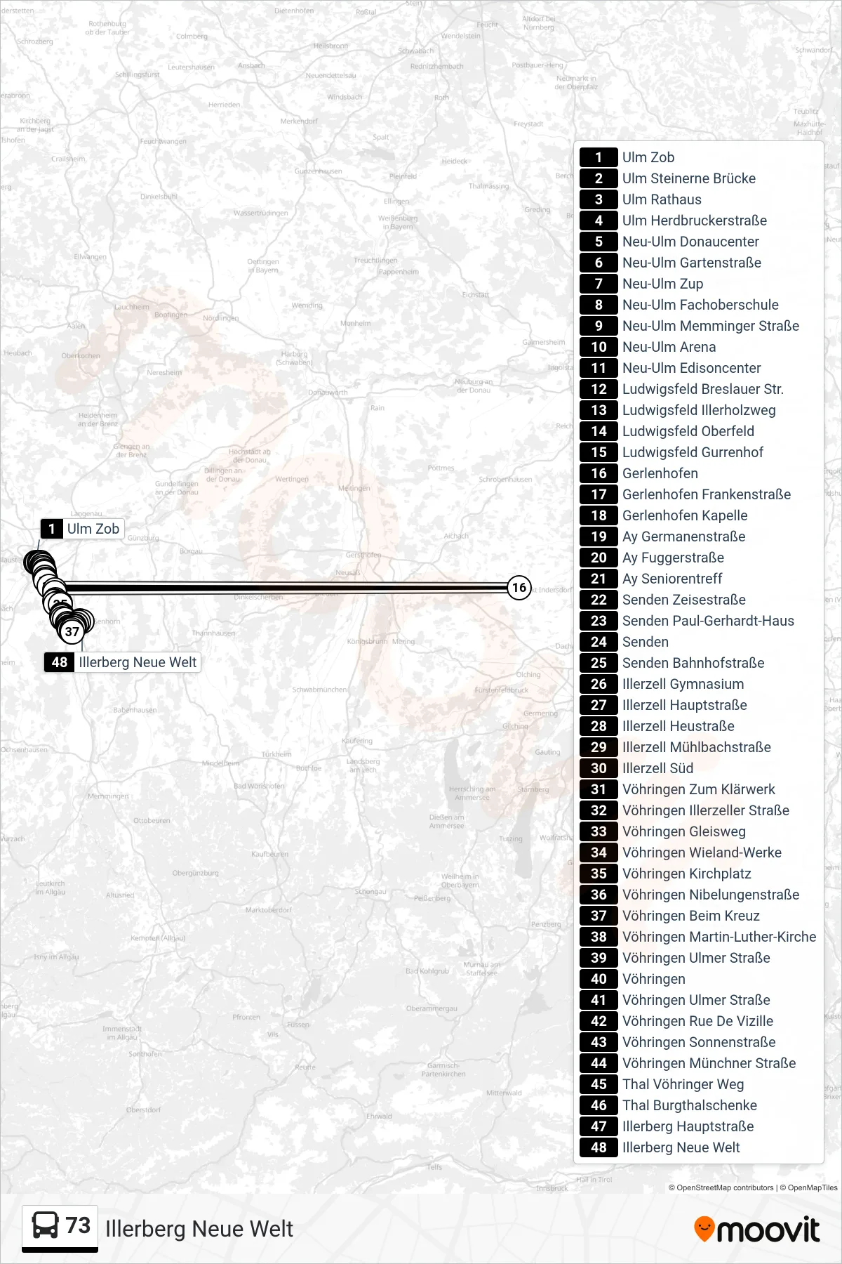 73 bus Line (Illerberg Neue Welt) route and stops on a map