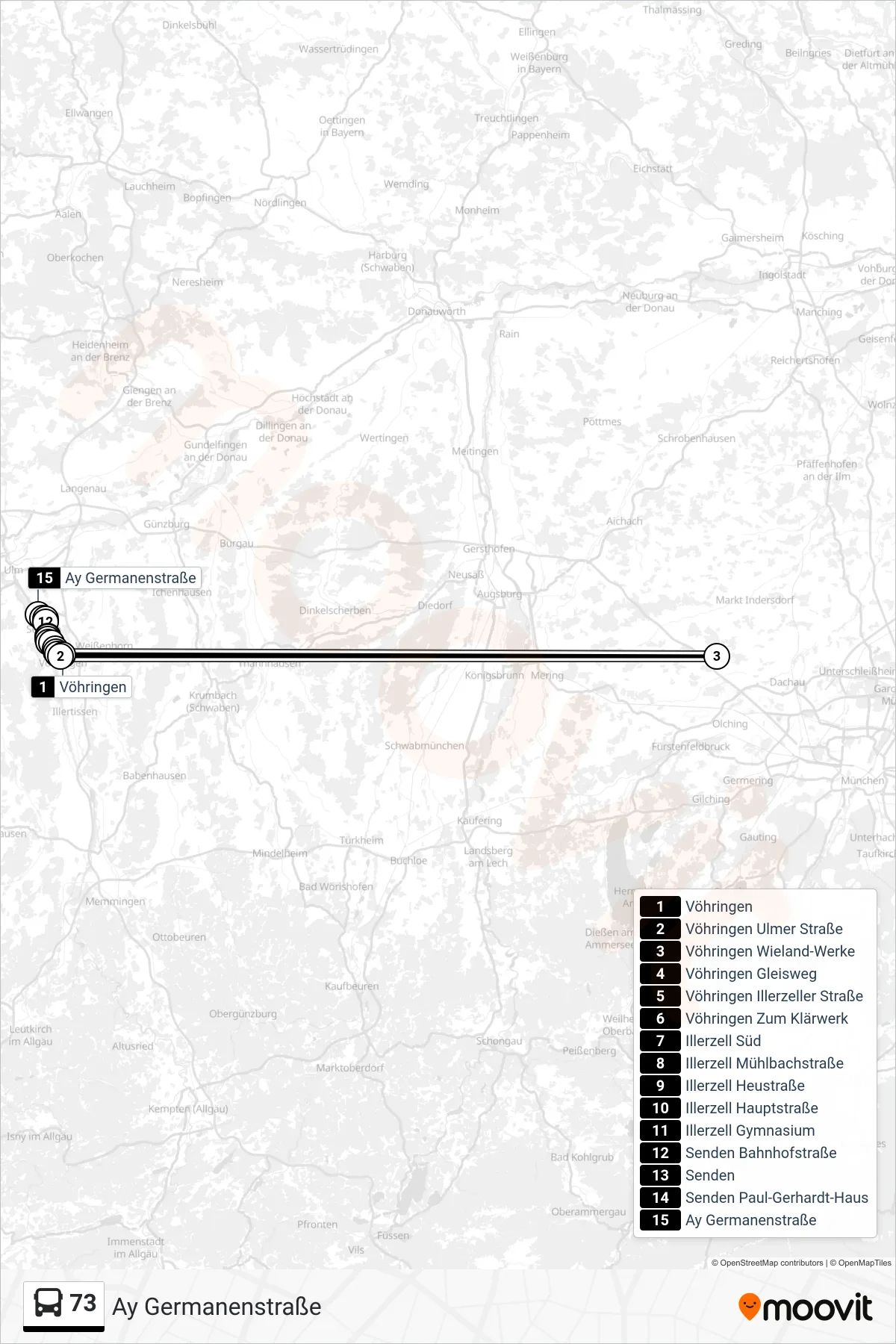 73 bus Line (Ay Germanenstraße) route and stops on a map