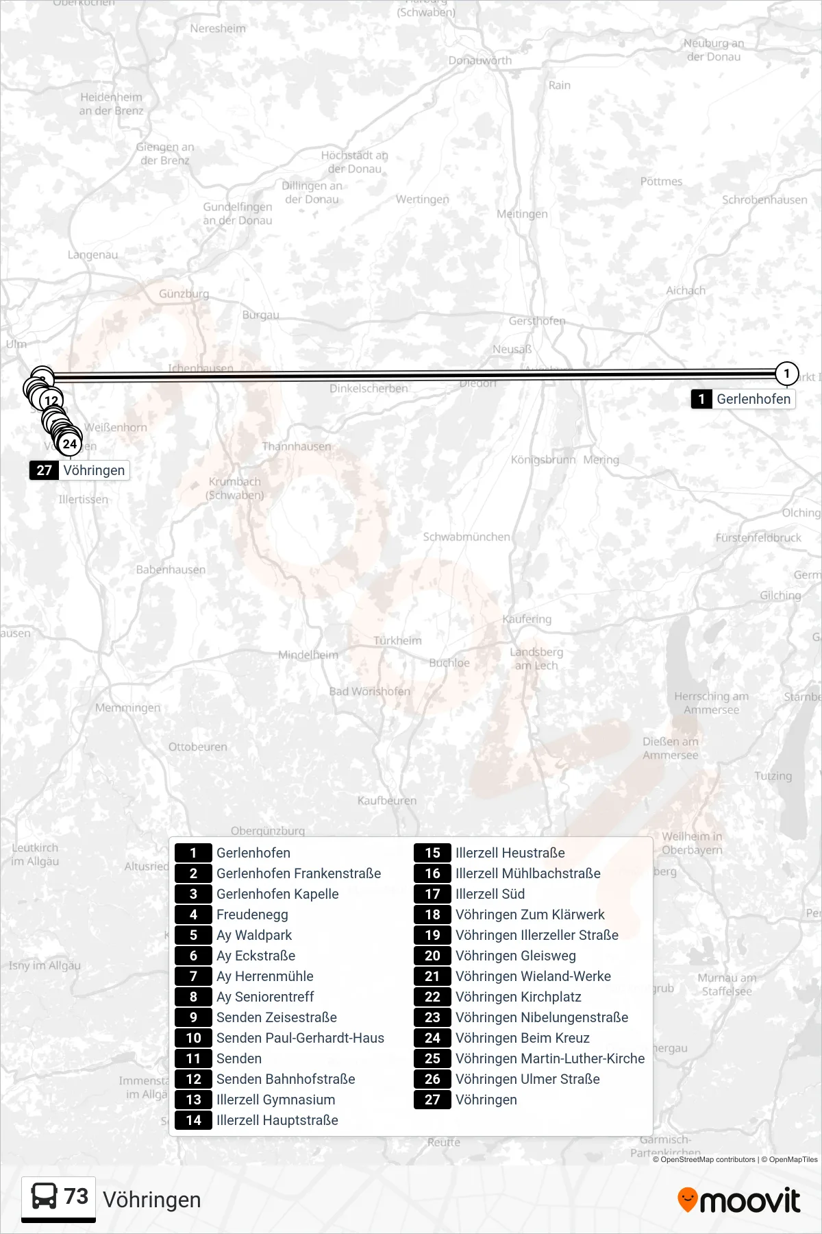 73 bus Line (Vöhringen) route and stops on a map