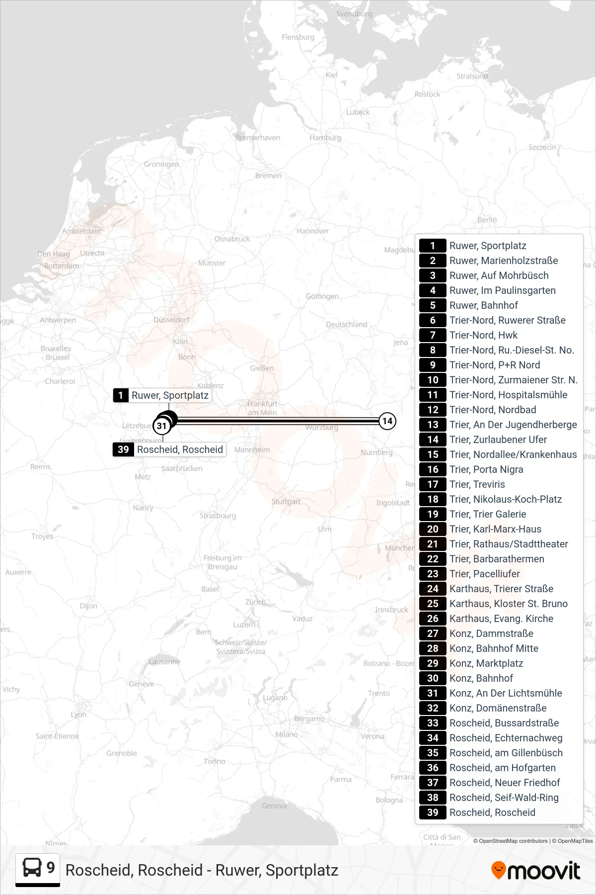 9 bus Line (Roscheid, Roscheid) route and stops on a map