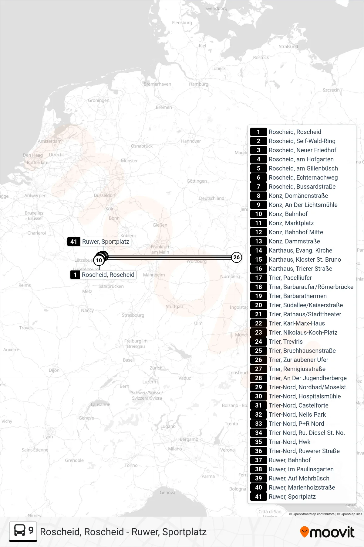 9 bus Line (Ruwer, Sportplatz) route and stops on a map