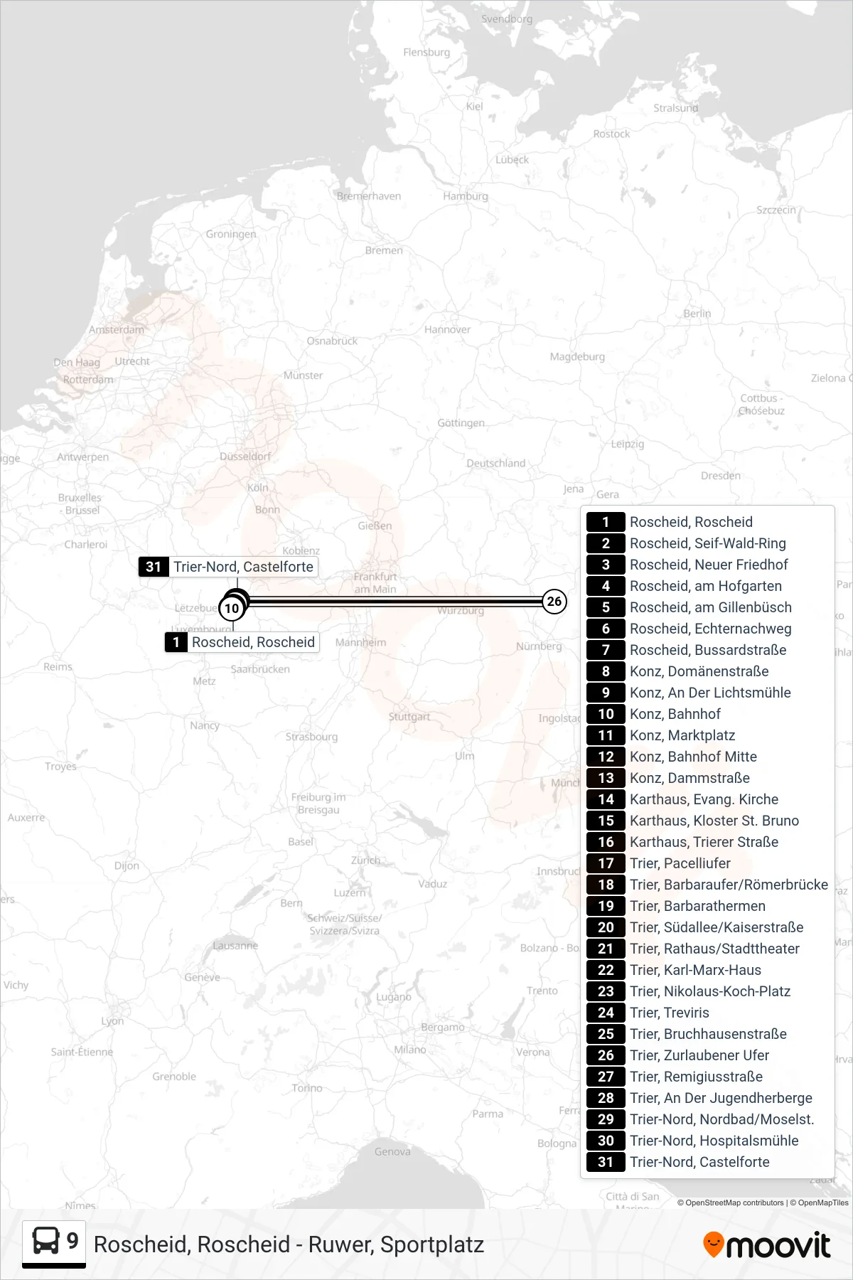 9 bus Line (Trier-Nord, Castelforte) route and stops on a map