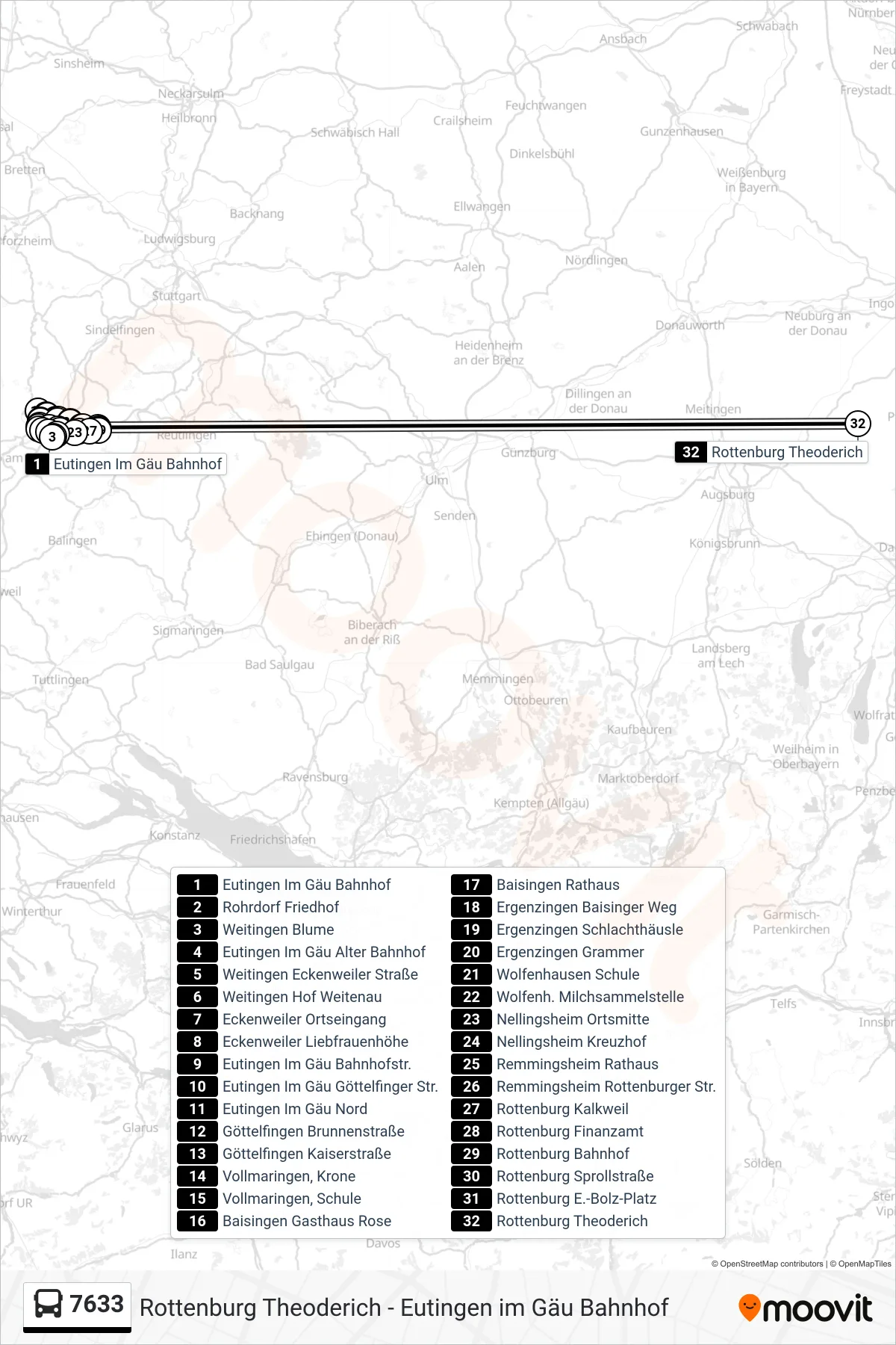 7633 bus Line (Rottenburg Theoderich) route and stops on a map