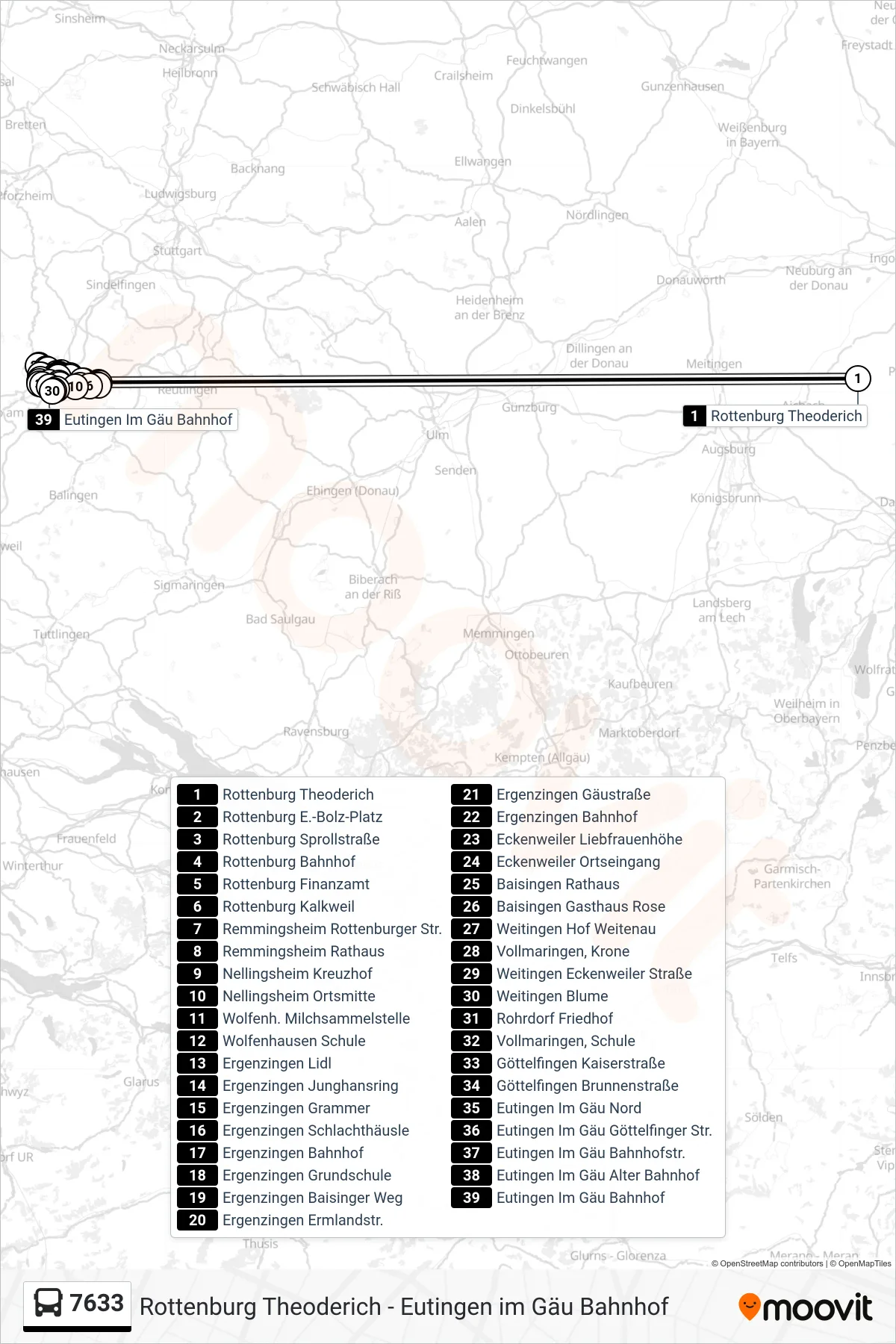 7633 bus Line (Eutingen Im Gäu Bahnhof) route and stops on a map