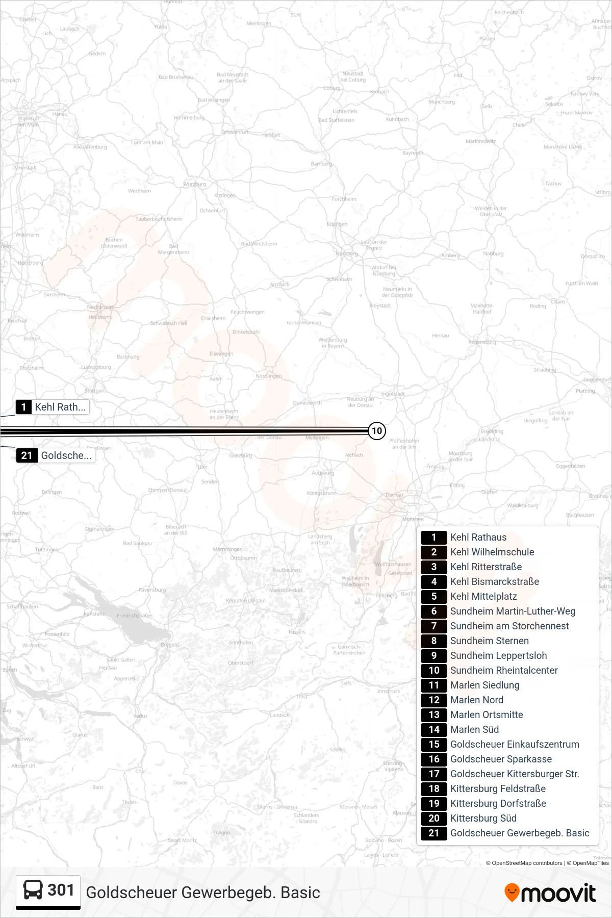 301 bus Line (Goldscheuer Gewerbegeb. Basic) route and stops on a map
