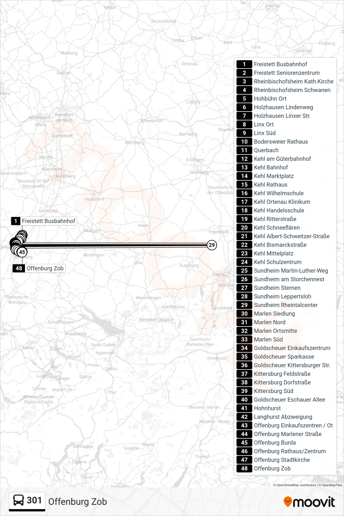 301 bus Line (Offenburg Zob) route and stops on a map