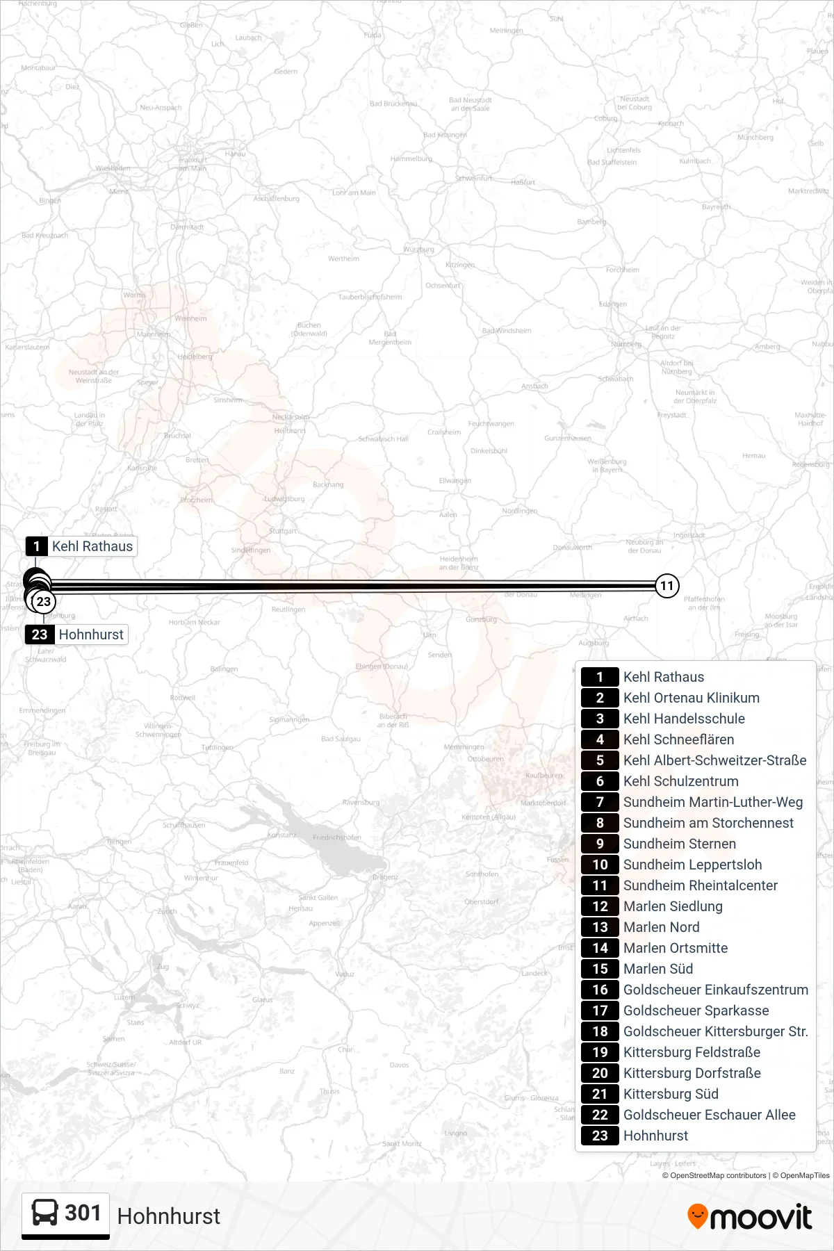 301 bus Line (Hohnhurst) route and stops on a map