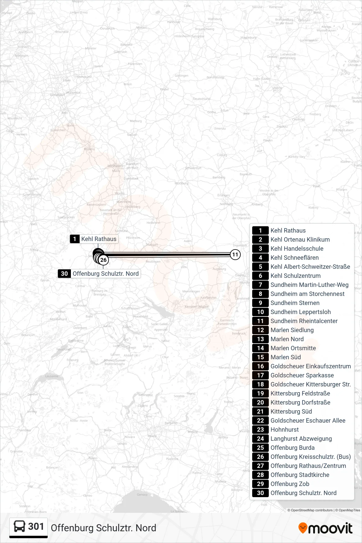 301 bus Line (Offenburg Schulztr. Nord) route and stops on a map