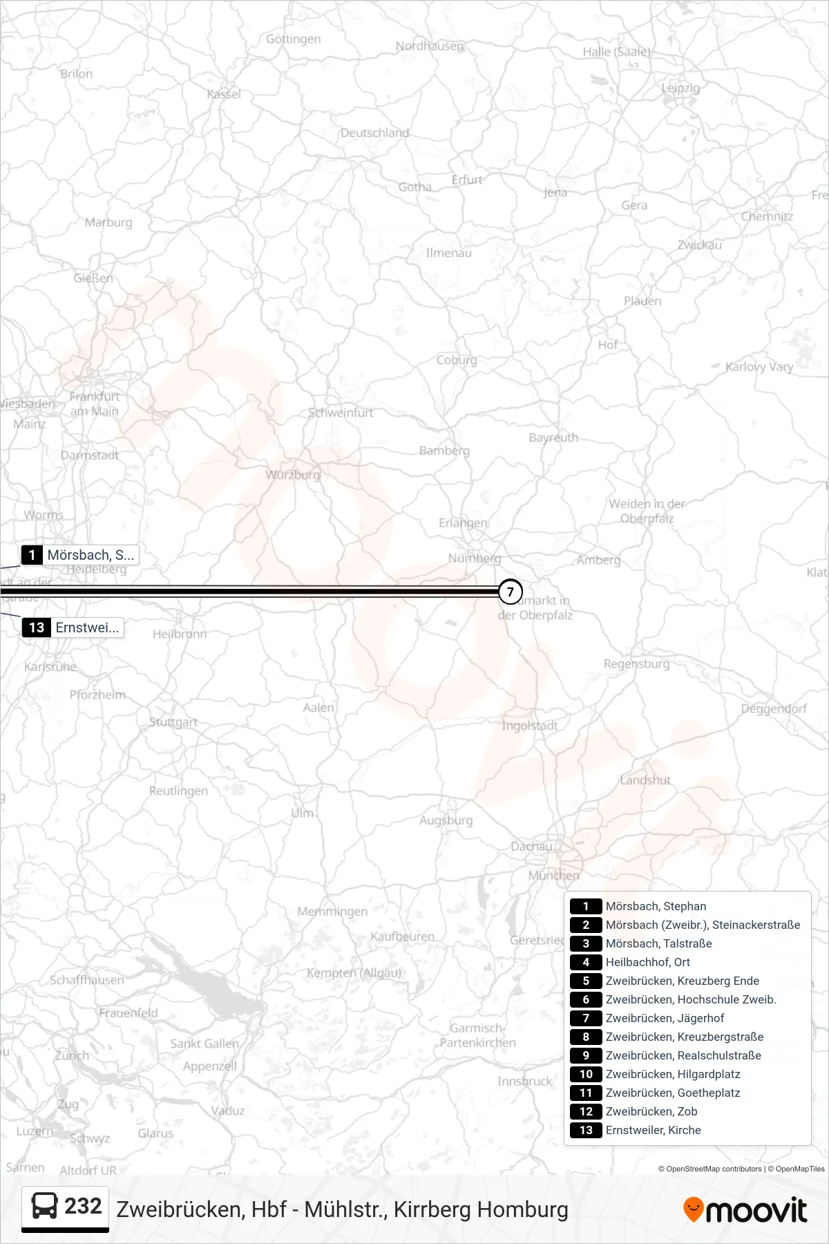 232 bus Line (Ernstweiler, Kirche) route and stops on a map