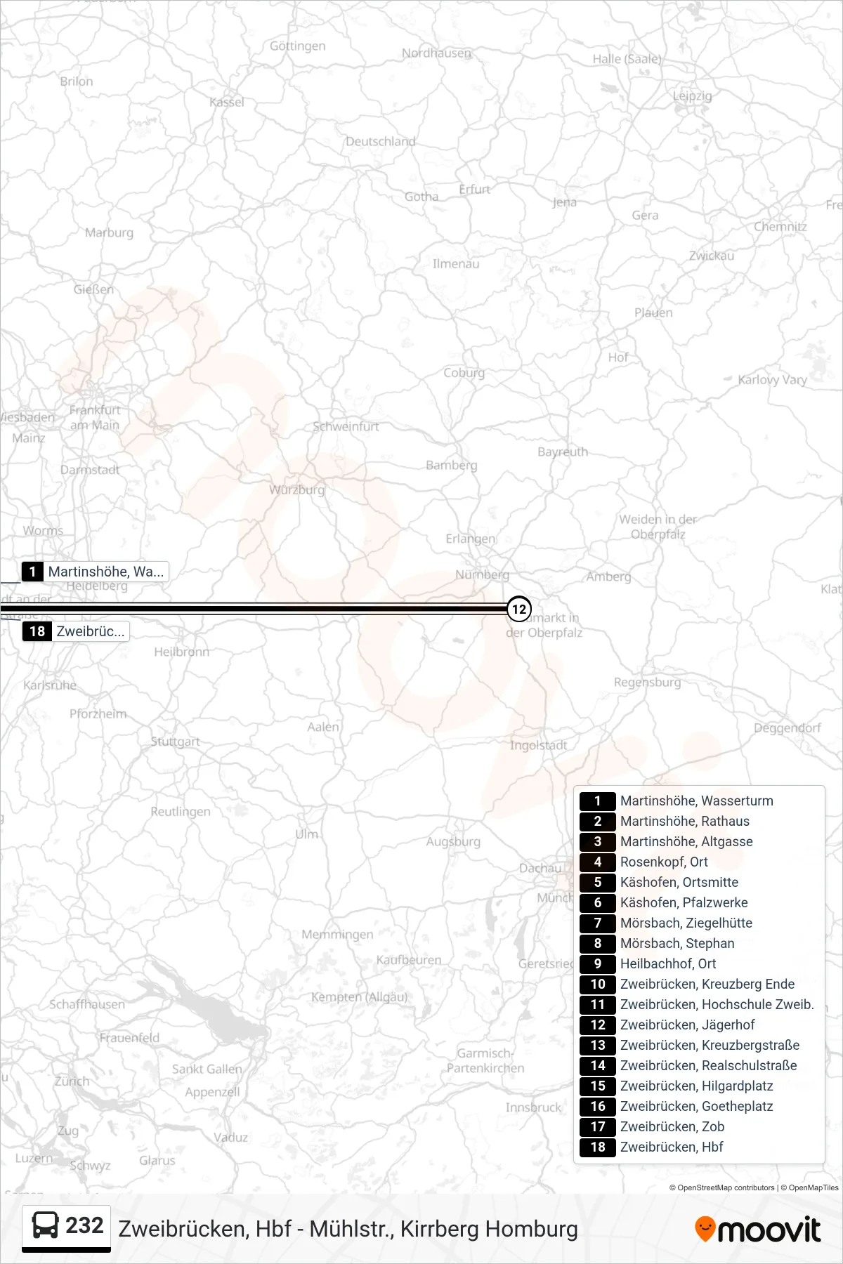Linie 232 (Bus) Richtung Zweibrücken, Hbf: Route und Haltestellen auf der Karte