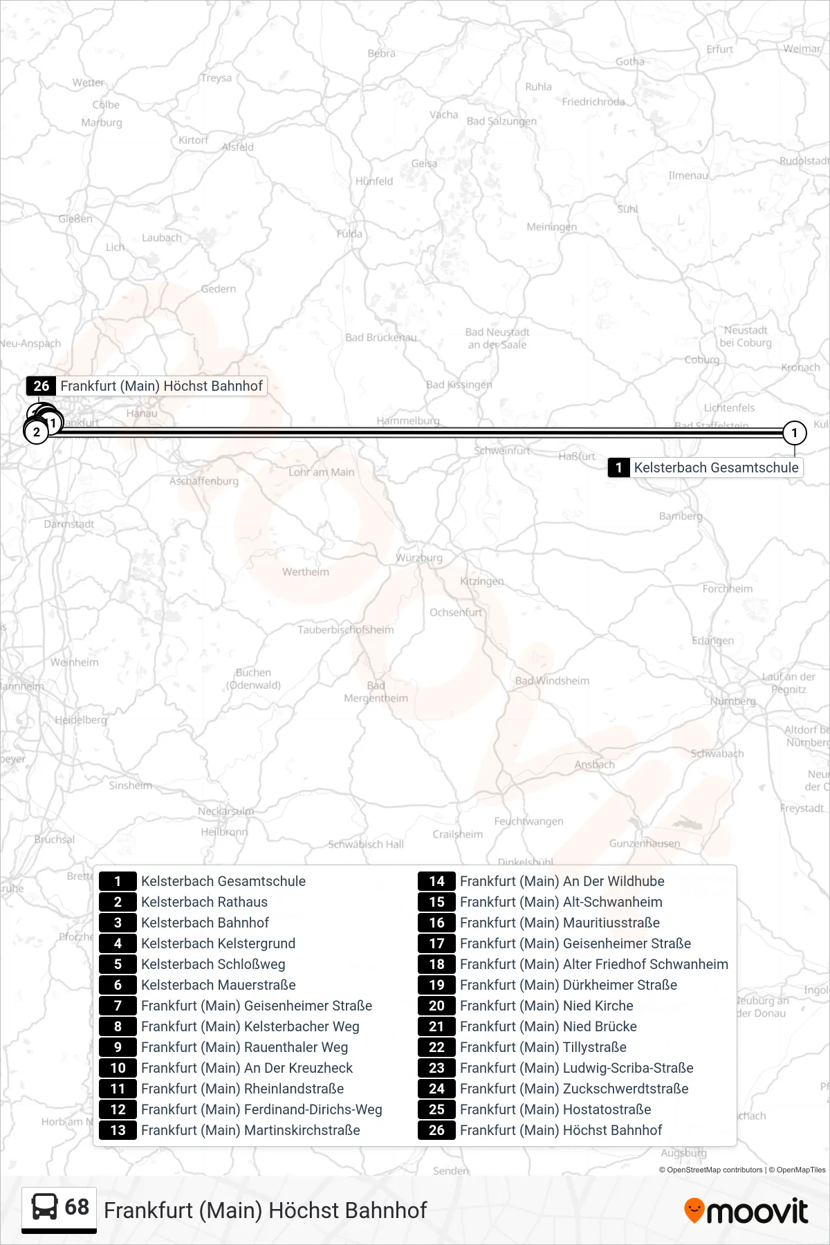 68 bus Line (Frankfurt (Main) Höchst Bahnhof) route and stops on a map
