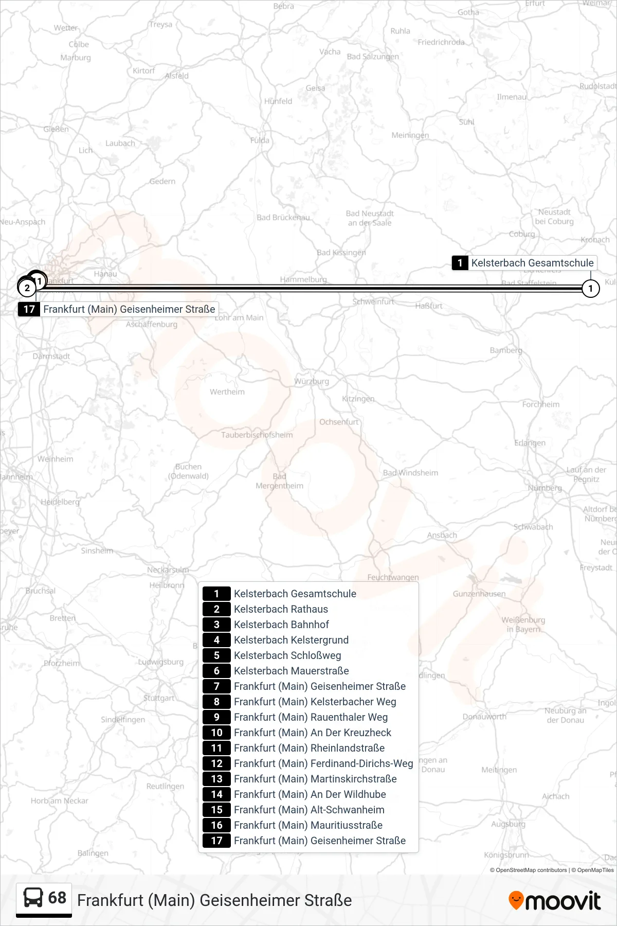 Linie 68 (Bus) Richtung Frankfurt (Main) Geisenheimer Straße: Route und Haltestellen auf der Karte